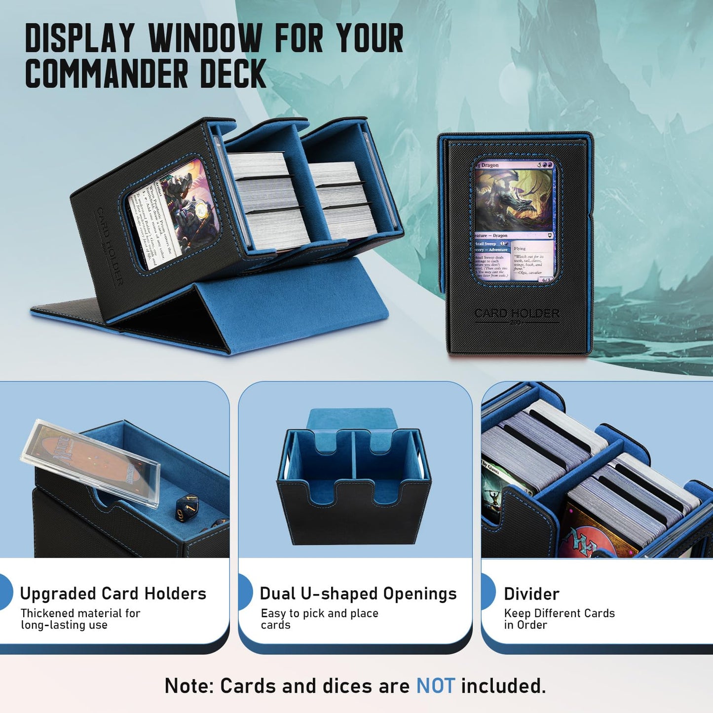 TiMOVO MTG Deck Box MTG Commander Card Deck Box with Commander Display & Dice Tray Fits 400+ Unsleeved Cards Leather Magnetic Card Storage Case with 6 Dividers for TCG CCG Magic Cards Black+Blue