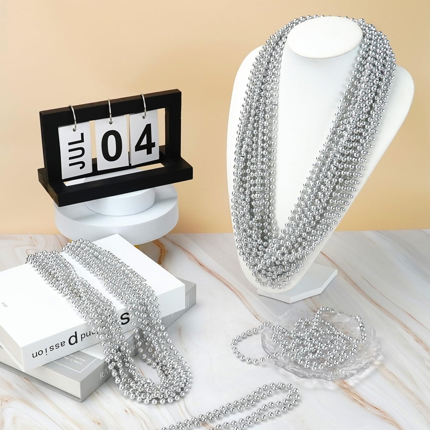 ZYFLSQ 100 Pcs 33'' 7mm Metallic Silver Beads Necklaces, Bulk Mardi Gras Beaded Necklaces, Party Beads Costume Necklaces