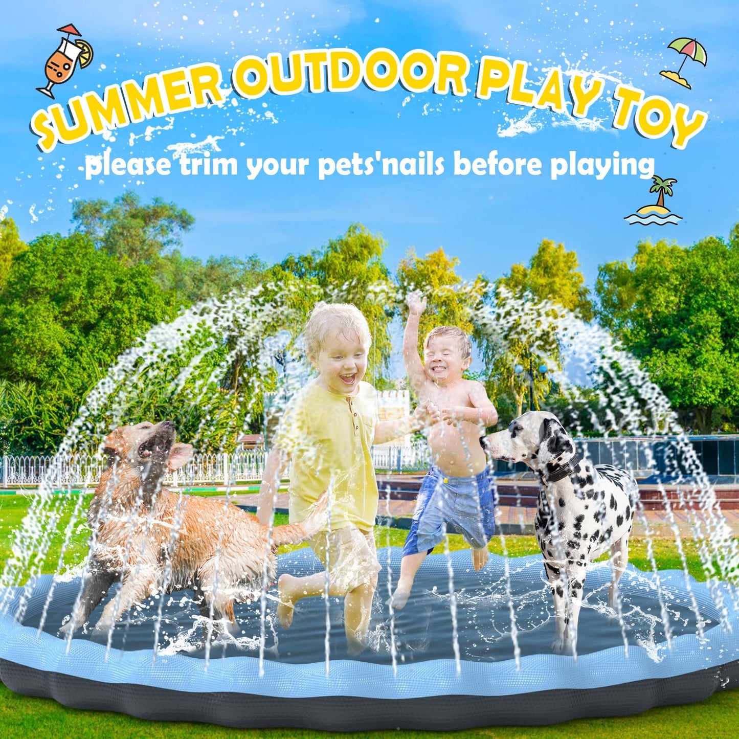 Hyperzoo 102' Extra Large Sprinkler Splash Pad For Kids And Dogs, Non-Slip Thickened Sprinkler Pad Pool Summer Outdoor Water Toys For Baby Toddler Boys Girls 3-12 Years Blue
