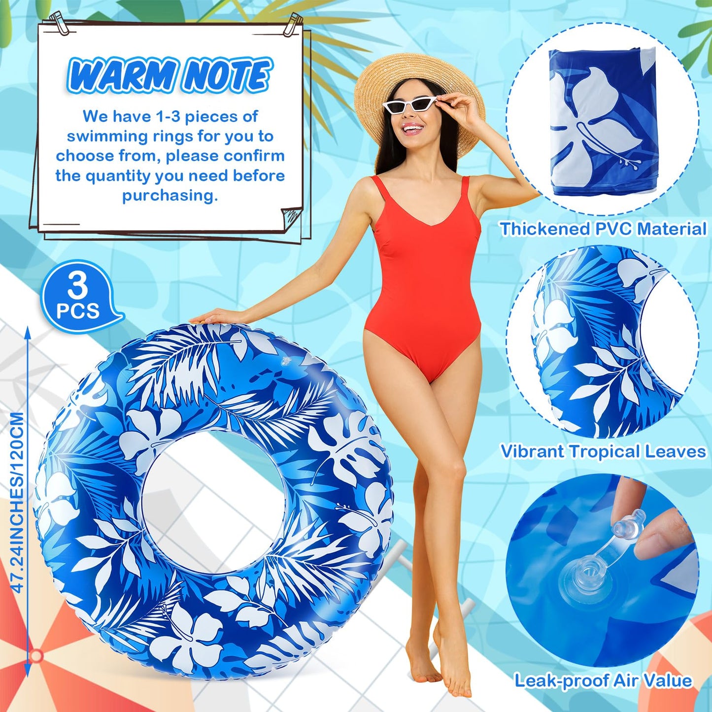 Motionchic Jumbo Float Tube 47.24 Inches Inflatable Pool Floats Large Pool Tube Tropical Leaves Inflatable Tube Blue White Pool