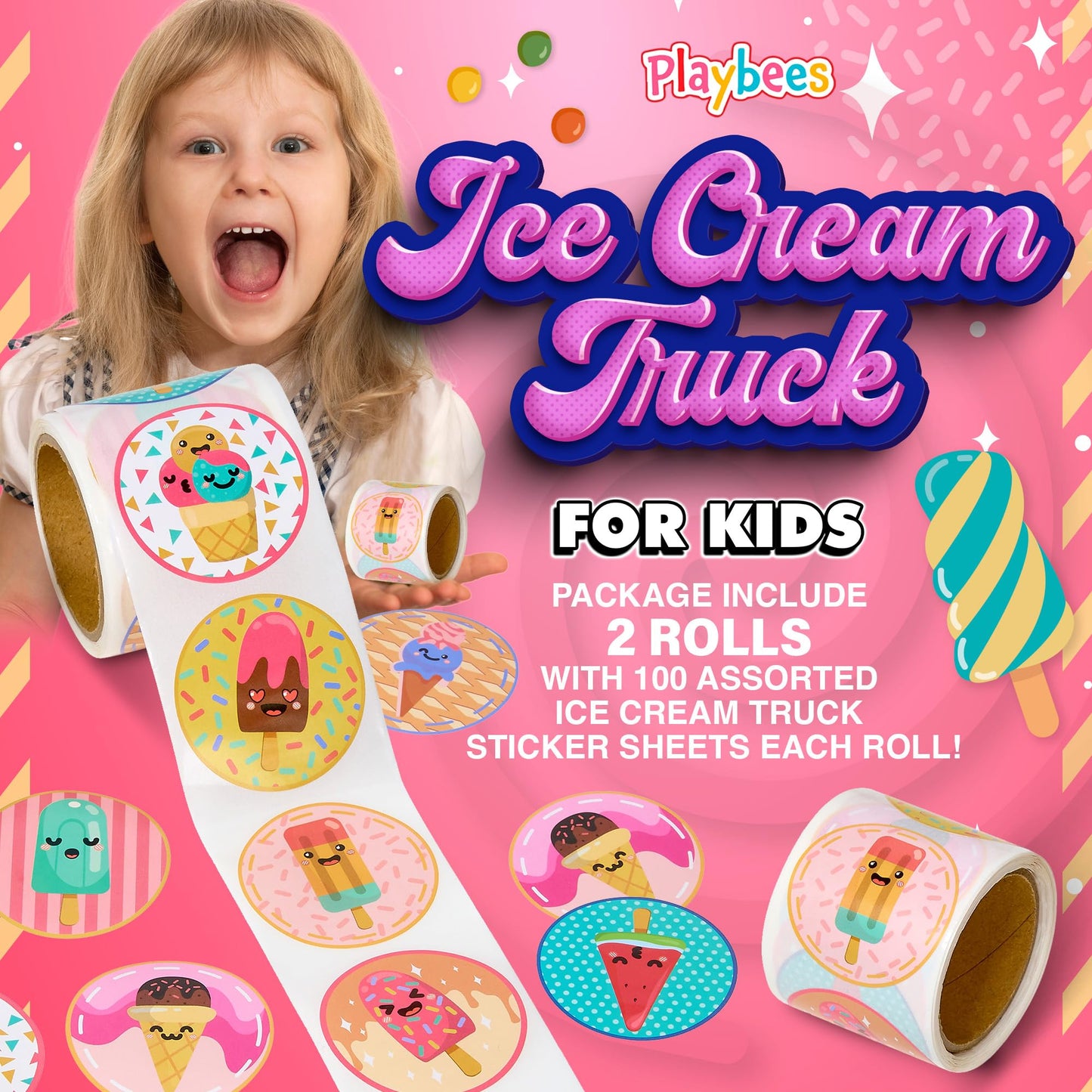 Playbees Ice Cream Parlor Stickers For Kids - 200 Pack Of Sweet-Themed Designs - Ideal For Diy Arts And Crafts, Scrapbooking, Te