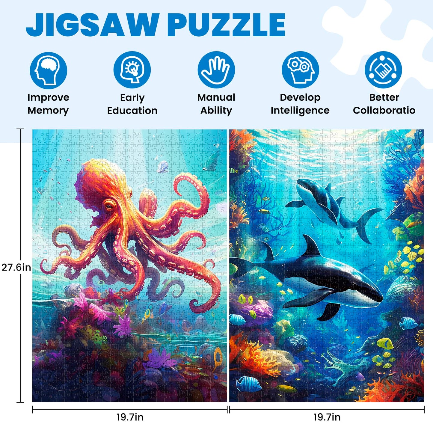 Mjyphdm 2 Pack 1000 Piece Puzzle, Jigsaw Puzzles 1000 Pieces For Adults, 1000 Piece Puzzle For Adults, Killer Whales Puzzles For Adults, Octopus Jigsaw Puzzles For Adults