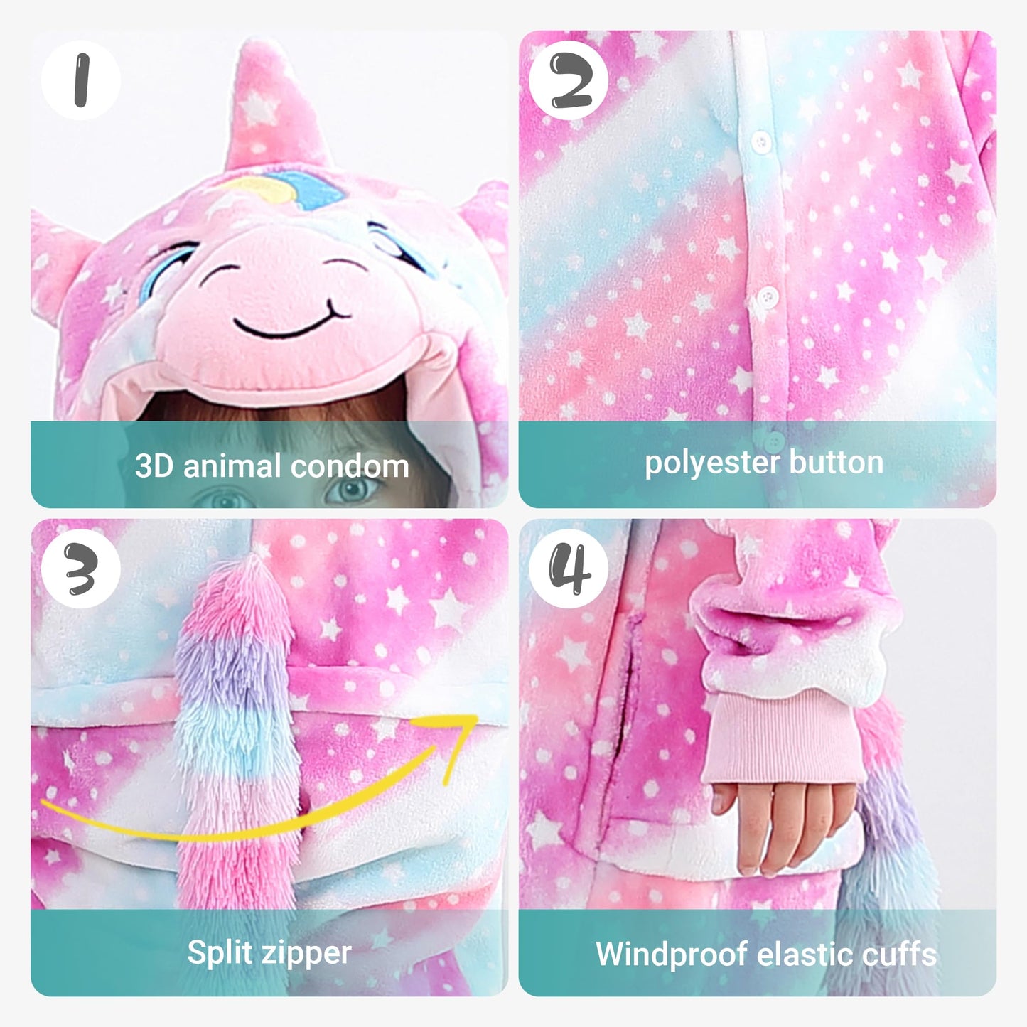 Michley Animal Hooded Romper Kids Flannel Halloween Cosplay Pajamas Costume 3-12T For Autumn Winter, Unicorn, 9-10T, Size130