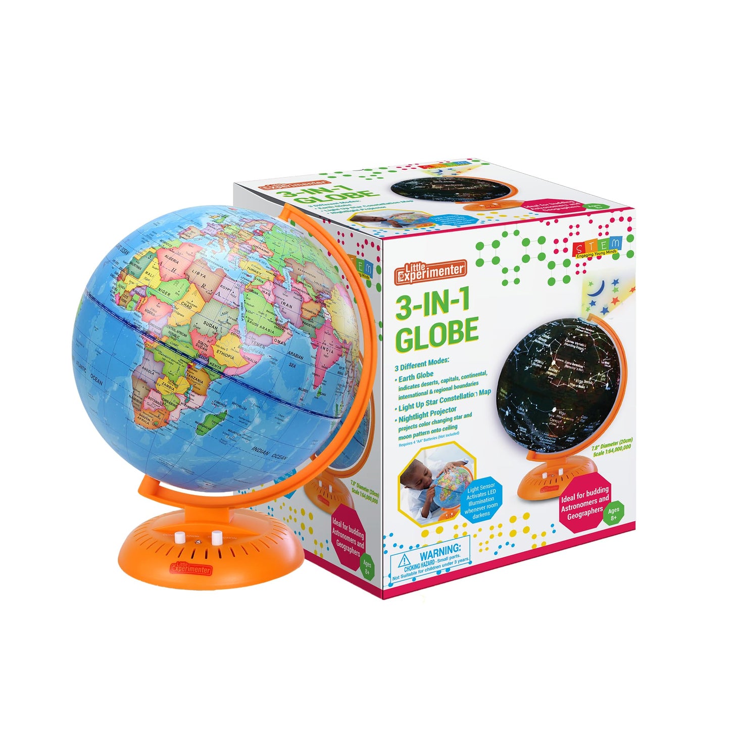 3-In-1 Light Up Globe For Kids - 8” Illuminated Star Map World Globes With Built-In Night Lamp Projector, And Stand - Learning & Educational Stem Toys, Gifts For Kids Ages 8 9 10 11 12 13+ Years Old