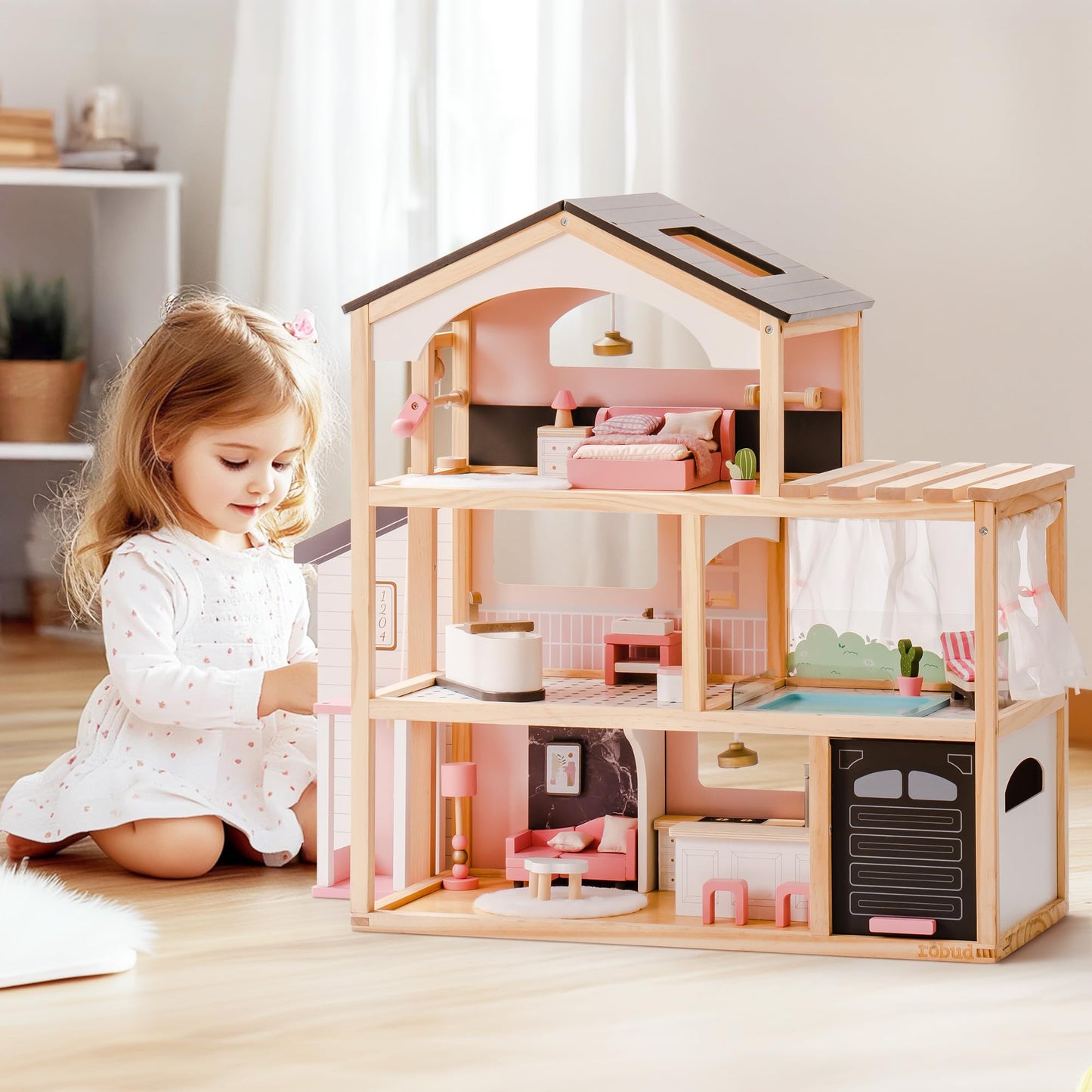 Robud Wooden Dollhouse, 6 Rooms Wooden Doll House With 29Pcs Furniture Set, Working Elevator, Garage, Swimming Pool, Ideal Gift