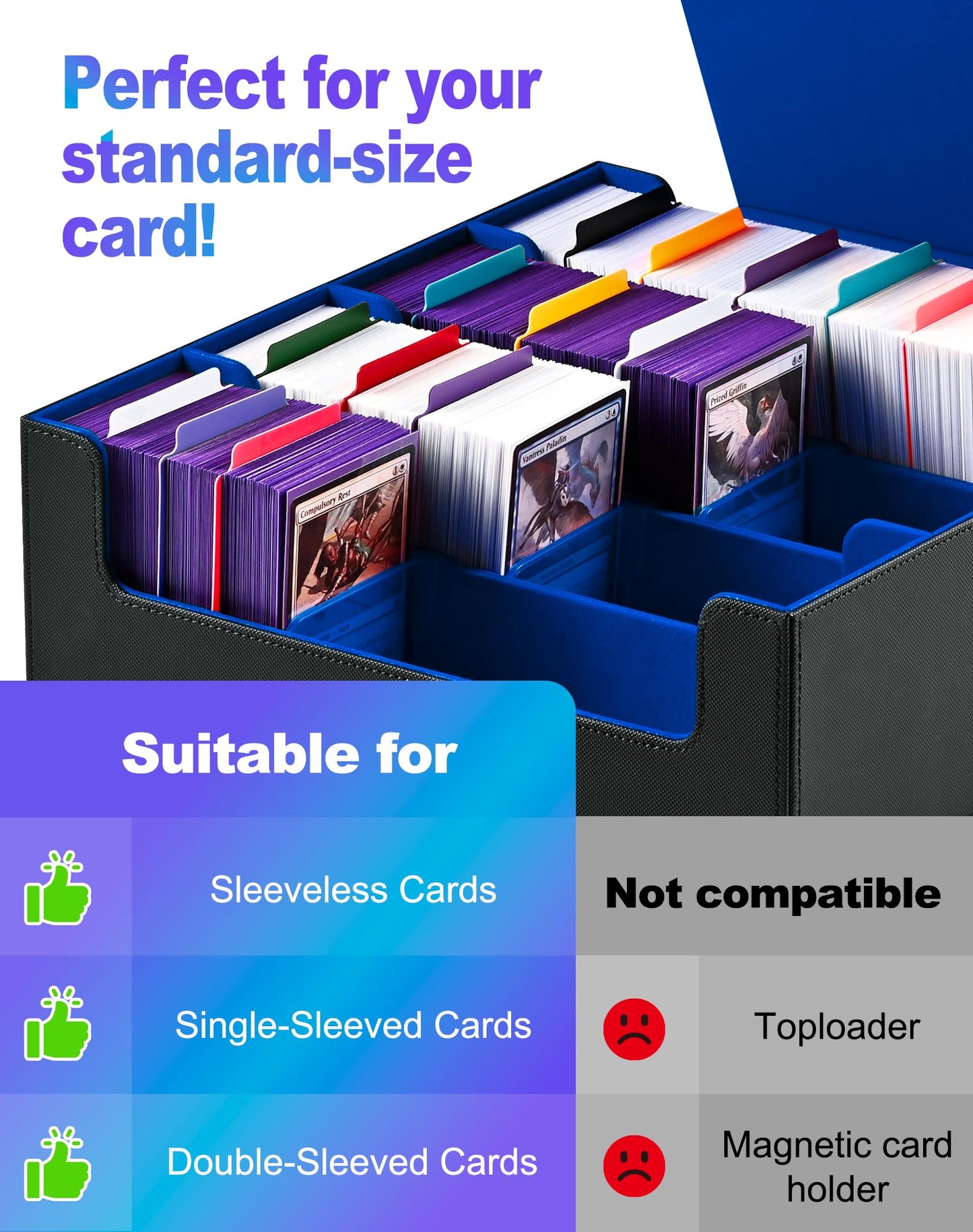Uaono Card Storage Box For Trading Cards, 2400+ Mtg Commander Deck Box With 24Pcs Colorful Divider, Card Case Fits For Magic Tcg Ptcg Game Cards(Black&Blue)