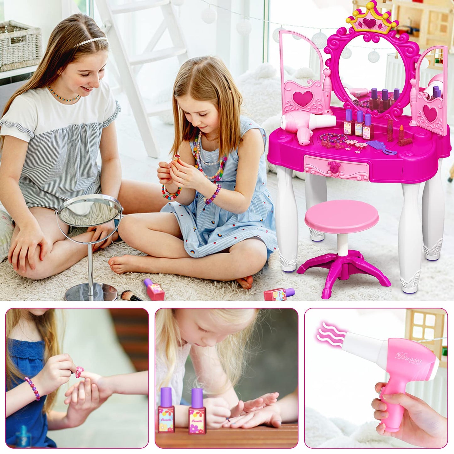Eohemeral Toddler Makeup Table With Mirror And Chair, Kids Makeup Vanity Set With Accessories And Lights And Music Sound For Gir