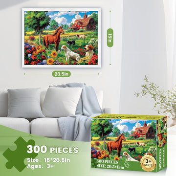 300 Piece Puzzles For Adults,Dogs And Horses Large Piece Jigsaw Puzzle For Adults Kids Seniors,Recycled Cardboard Dogs Puzzle 300 Piece,Family Activity Great Gift For Family Friends 20.5 * 15 In