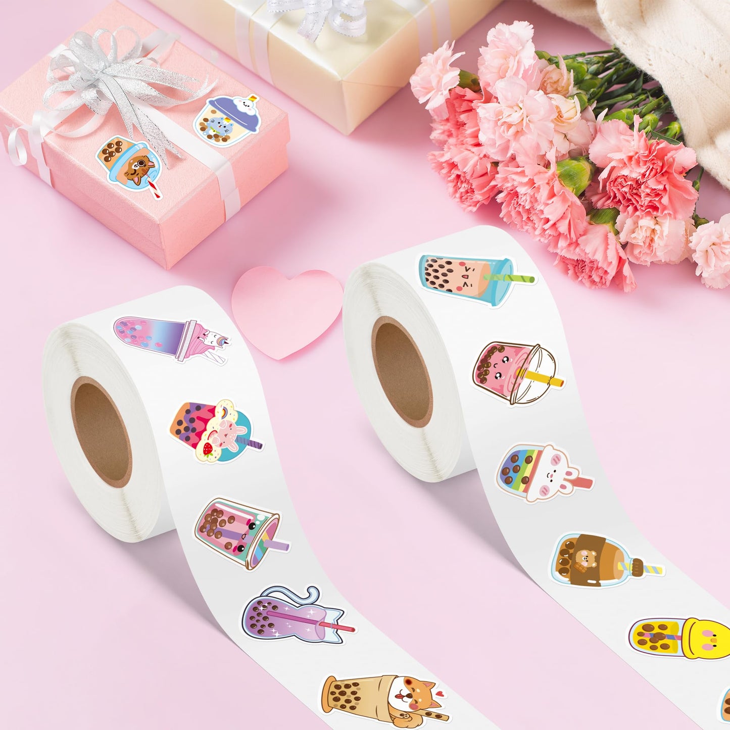 Beyumi Bubble Tea Sticker Roll - 1000Pcs Boba Stickers In 2 Rolls Waterproof Vinyl Drinks Theme Cute Kawaii Bubble Tea Decals Gift Laptop Bottle Scrapbooking Luggage Computer Envelope Decor For Kids