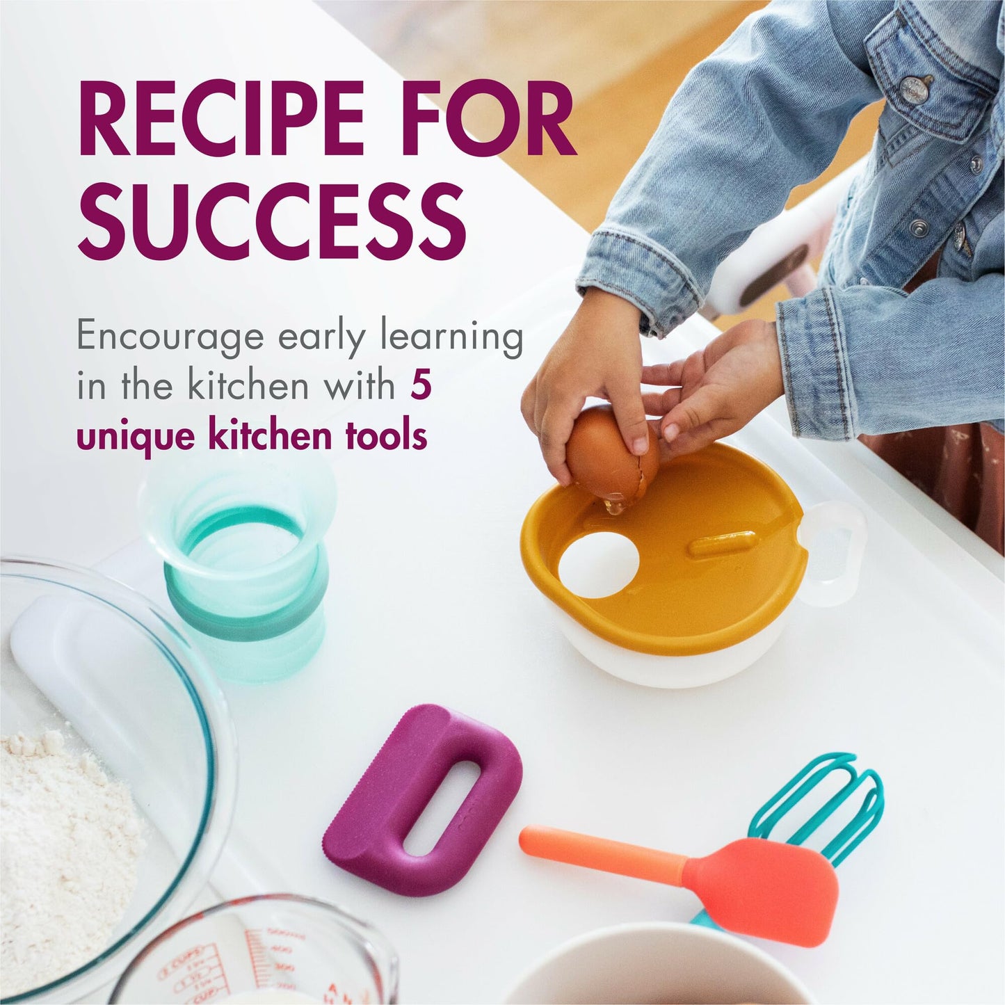 Boon Intro Toddler Food Prep Set - Kids' Kitchen Tools - 5 Unique Toddler Kitchen Accessories Includes Spatula, Egg Cracker, Cho