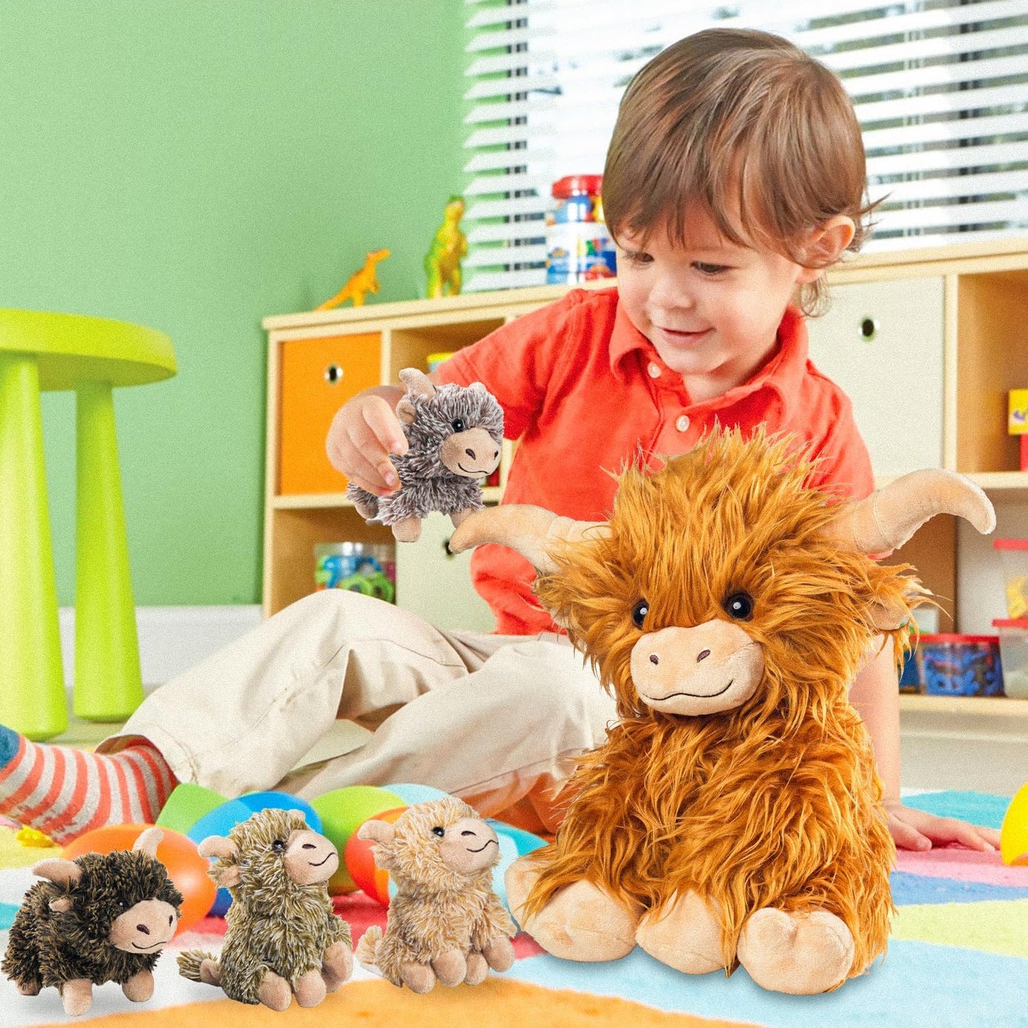 Youthfuljive 5 Pcs Highland Cow Stuffed Animals With Babies Inside 14'' Scottish Stuffed Highland Cow Plush Toy Set Mommy And 4