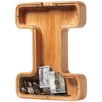Piggy Bank For Kids Boys Girls, Large Personalized Wooden Letter Piggy Bank With Cut-Out Design, Alphabet Letter Coin Banks, Money Savings Box, Wooden Bank For Kids Creative Gift For Real-Money(I)