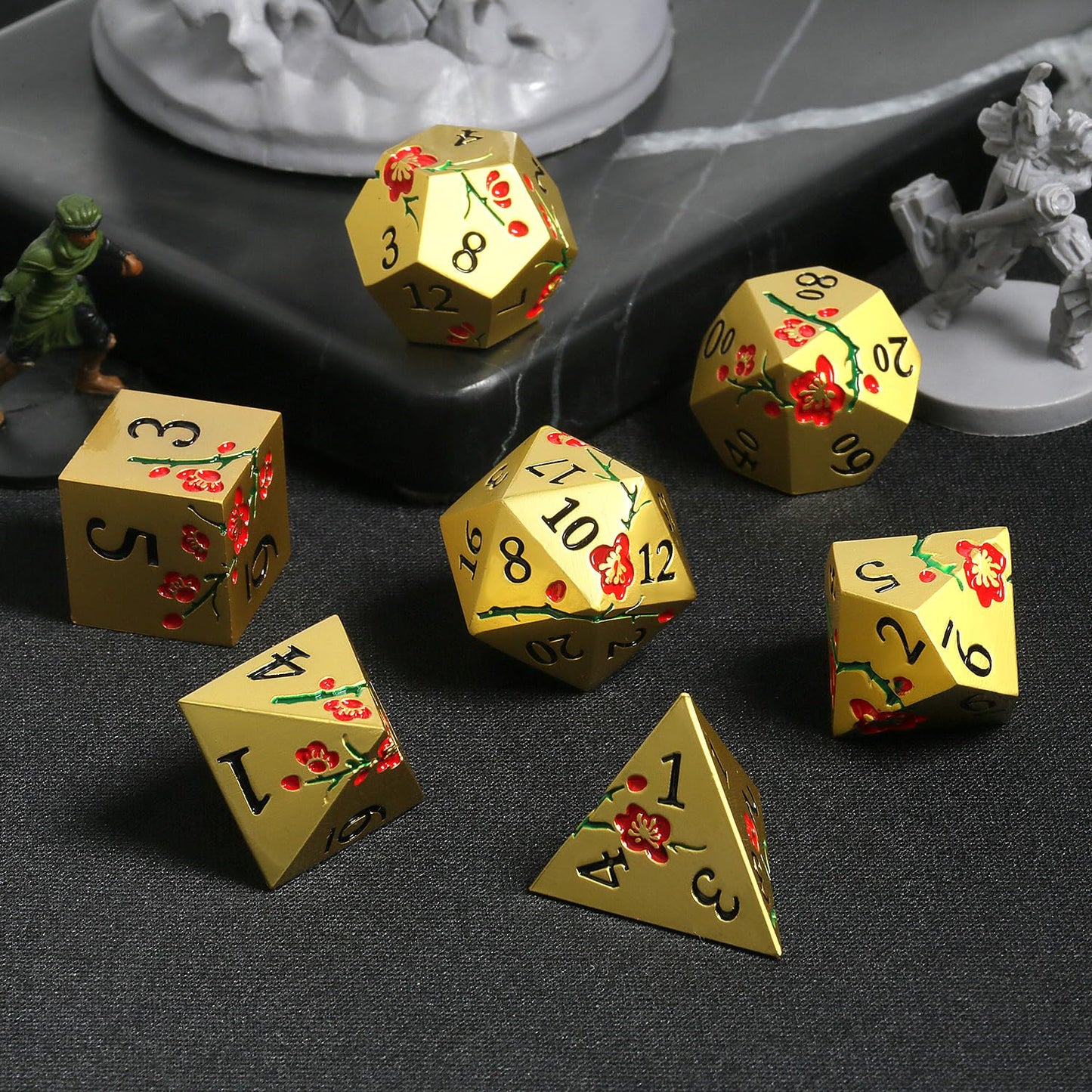 DNDND Flowers Metal Dice, 7 PCS Metallic DND Dice with Grogeous Gift Case for D&D Dungeons and Dragon Tabletop Game (Red Flowers