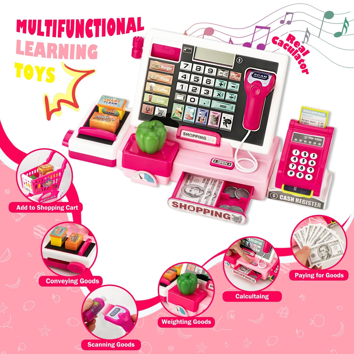 Kids Cash Register Toy with Shopping Cart Toddler Pretend Play Store Cashier Register for Kids with Music / Real Calculator / Sc