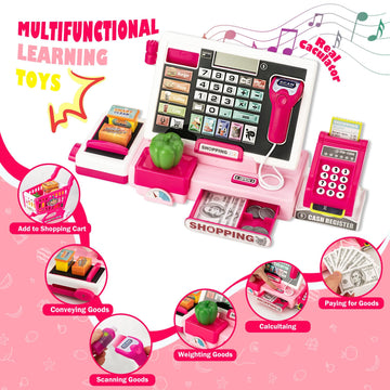 Kids Cash Register Toy with Shopping Cart Toddler Pretend Play Store Cashier Register for Kids with Music / Real Calculator / Sc
