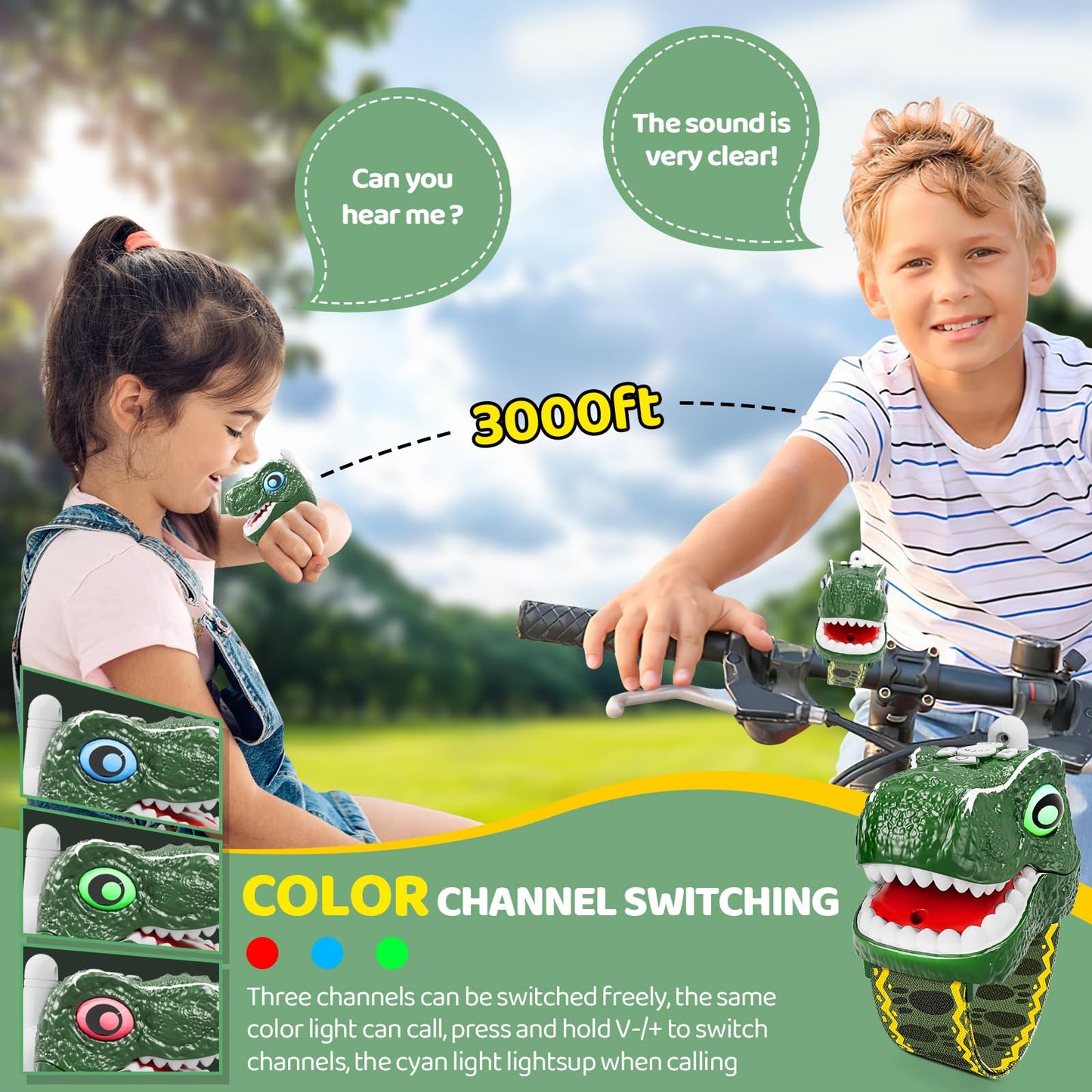 Dinosaur Walkie Talkies for Kids 3 Pack Camping Gear T-Rex Outdoor Toys for Boys Girls Age 3-12 Year Old 3 Channel Long Range Bi
