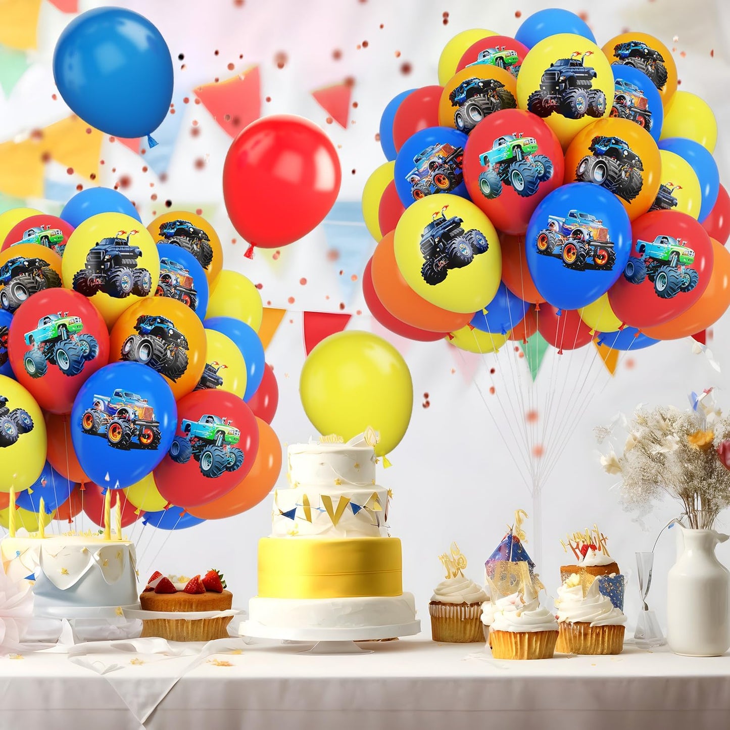 Monster Truck Balloons, 12 Inch Red Yellow Blue Orange Balloons Colorful Truck Theme Printed Latex Balloon Bouquet For Kids Boys