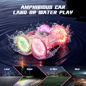 BFUNTOYS Amphibious Remote Control Car for Water or Land Play, RC Car for Kids Girls with LED Lights 4WD Stunt Car Pink Pool Toy