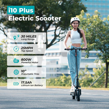 Iscooter I10Plus Electric Scooter Adults, 10'' Pneumatic Tires, 25 Mph Top Speed & 30 Miles Max Range, 800W Powerful Motor, Fold