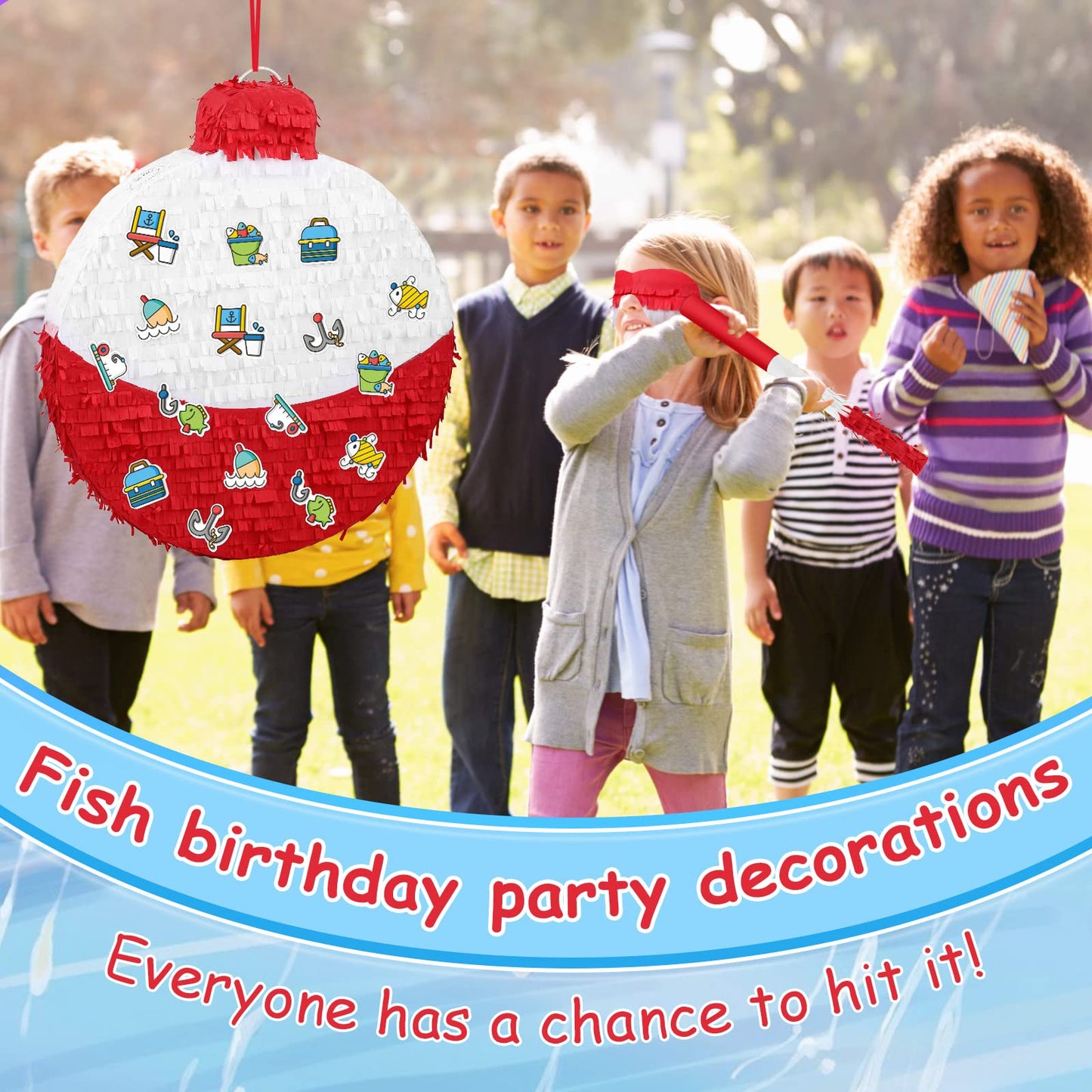 Large Fishing Bobber Piata 19.7 Inch Fishing Birthday Party Decorations Gone Party Supplies with a Blindfold and Bat Confetti St