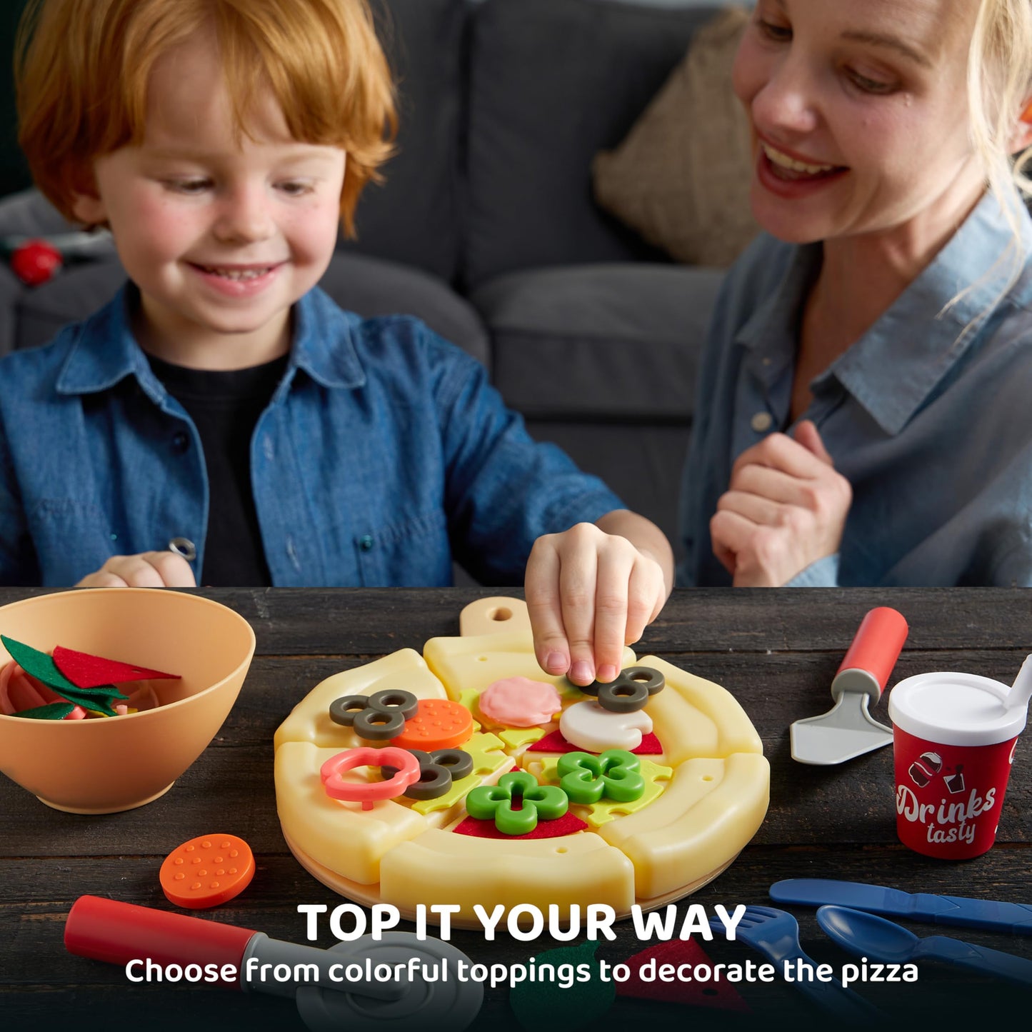 lalalark Play Food Toddler Toy - Pizza Toy with 18 Toppings - Pretend Play Cutting Food for Kids - Craft 'n Crust - Interactive