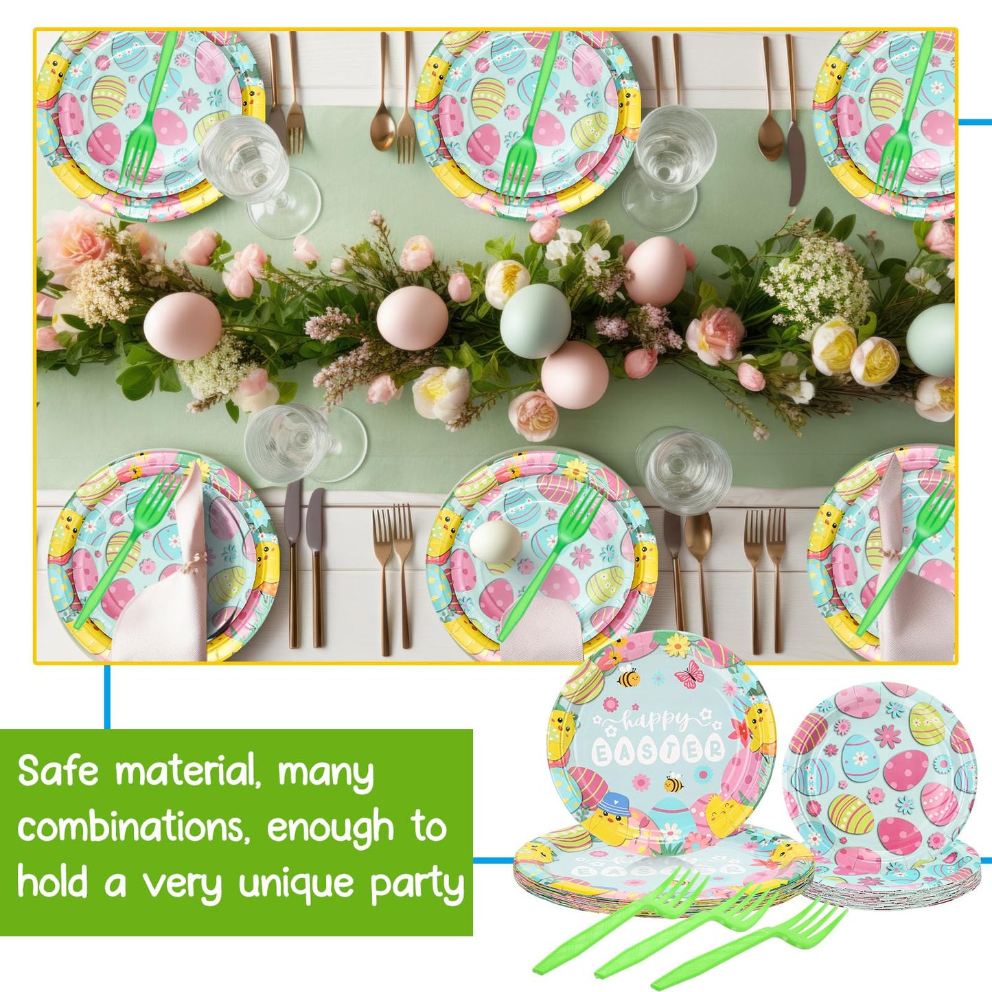 SiliFine 96 Pcs Easter Plates and Napkins Disposable Dinnerware Supplies for 24 Guests, Paper Tableware Include 9 Dinner Plates,