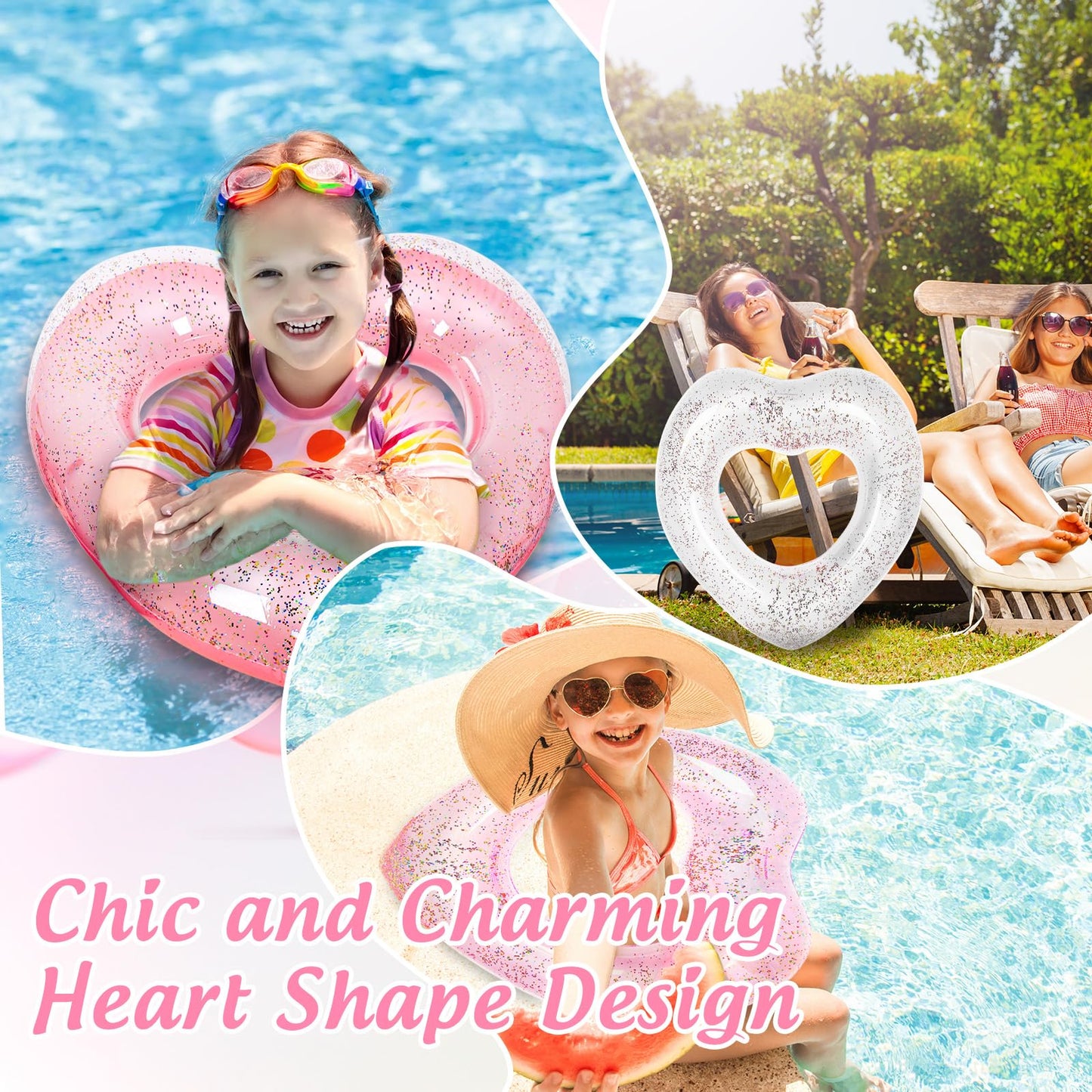 Whaline 3Pcs Inflatable Heart Pool Float with Glitter Inside Rose Gold Pink White Swim Heart Shaped Pool Rings Float Loungers Tube for Summer Swimming Pool Beach Bachelorette Party 35 x 35 Inch