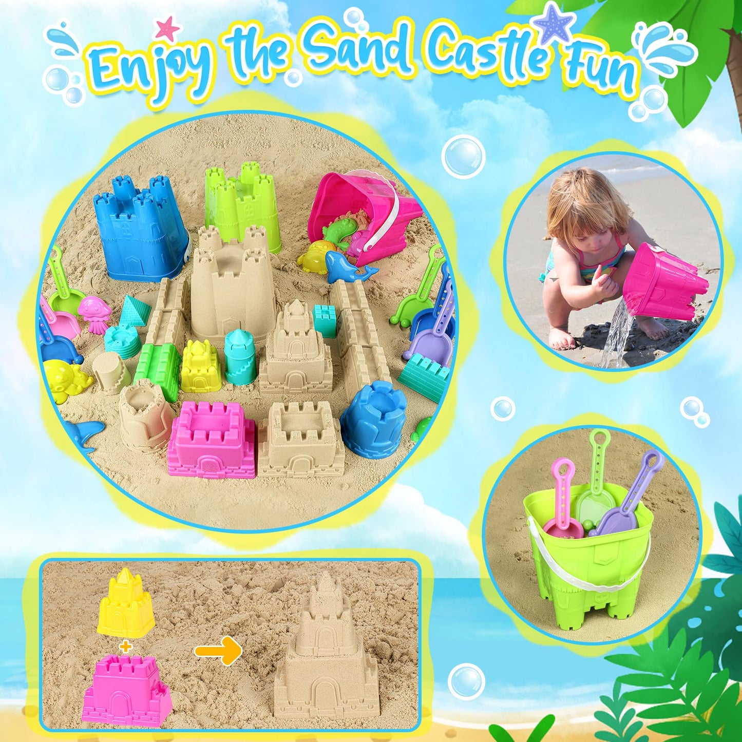 Kubusfly Beach Toys For Toddlers, Sand Castle Toys With 3 Sand Bucket, 6 Sand Shovels, Mesh Bag & Sand Molds Travel Sand Toys Fo
