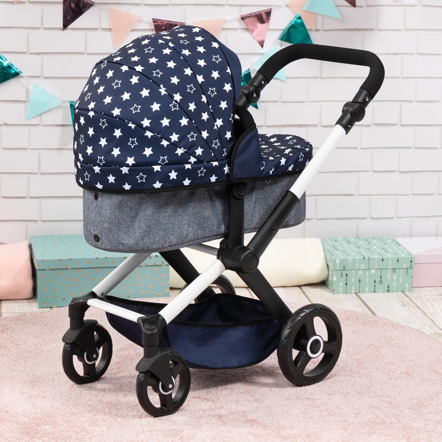 Bayer Design Dolls: Pram Xeo - Blue & White Stars - Dolls Up To 18'', Shoulder Bag, Convertible To Pushchair, Adjustable Handle,