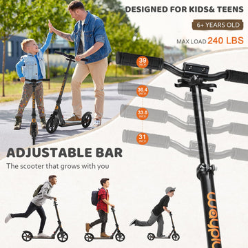 Wayplus Kick Scooter For Ages 6+,Kid, Teens & Adults. Max Load 240 Lbs. Foldable, Lightweight, 8In Big Wheels For Kids, Teen And Adults, 4 Adjustable Levels. Bearing Abec9