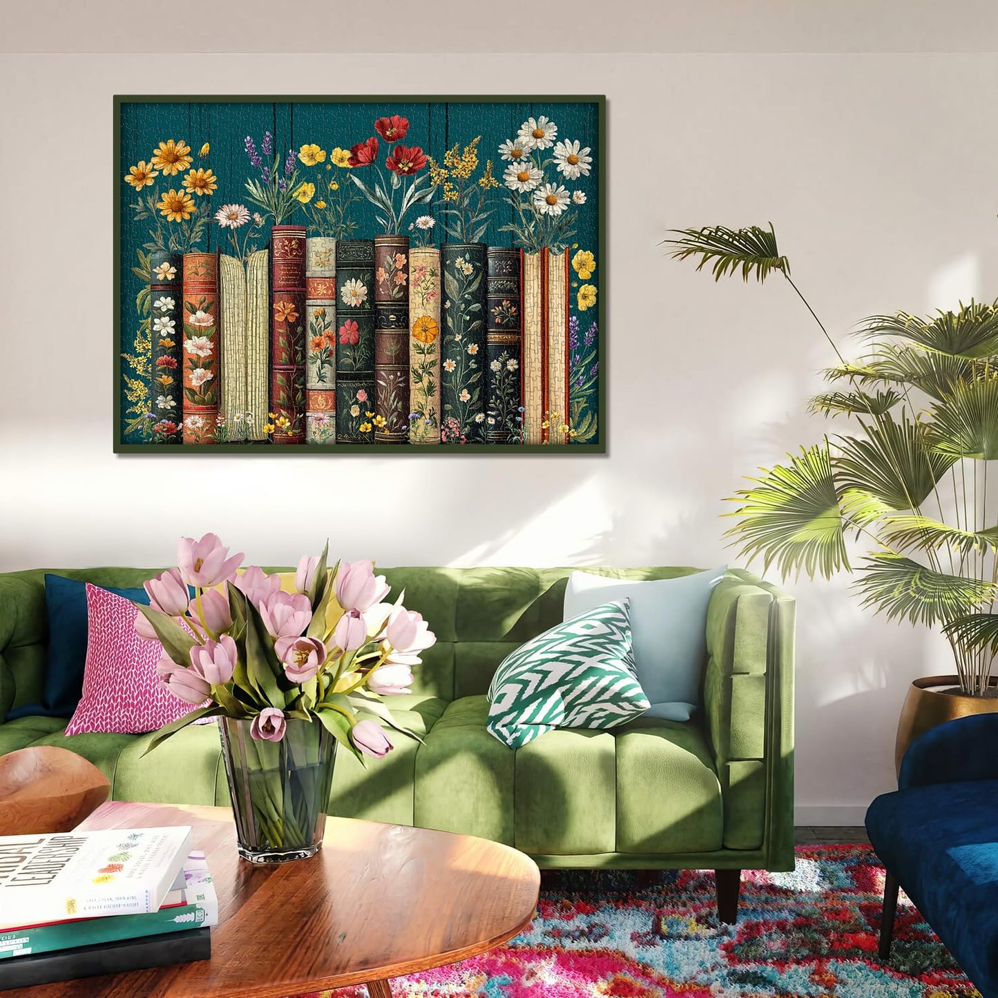 Vintage Wildflower Book Puzzles For Adults 1000 Pieces, Plant Floral Book Pages Jigsaw Puzzle, Retro Bookshelf Puzzle With Bloss