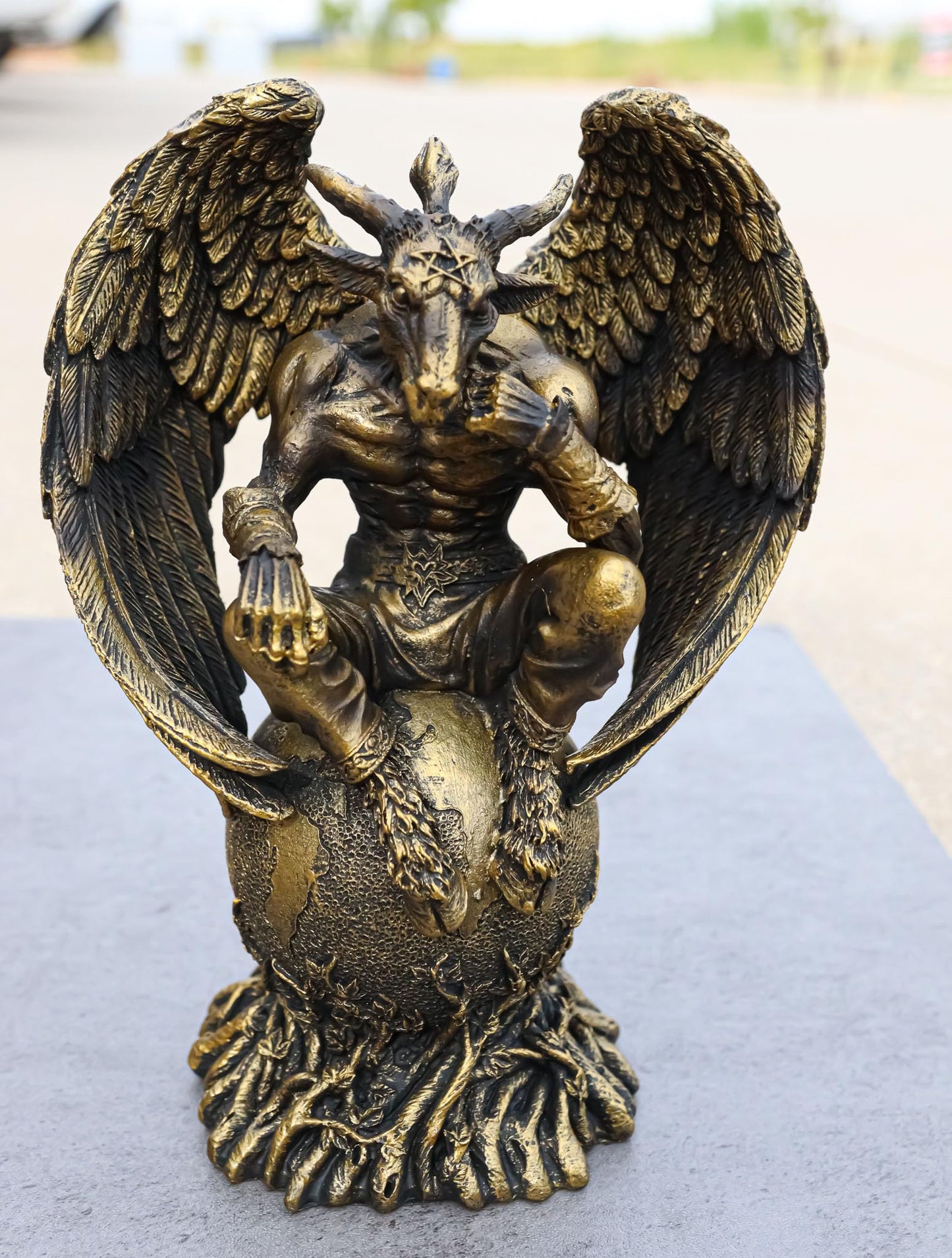 Ebros Gift Sabbatic Goat The Thinker Baphomet Sitting On The Globe Statue 7.75 Tall Baphometh with Pentagram Star Idol Altar Fig
