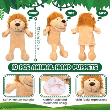Wettarn 10 Pcs Animal Hand Puppets 12 Inch Soft Plush Plush Puppets Lion Orangutan Giraffe Tiger Pig Elephant Hand Puppets For Boys And Girls Storytelling, Teaching, Role Playing(Funny Style)