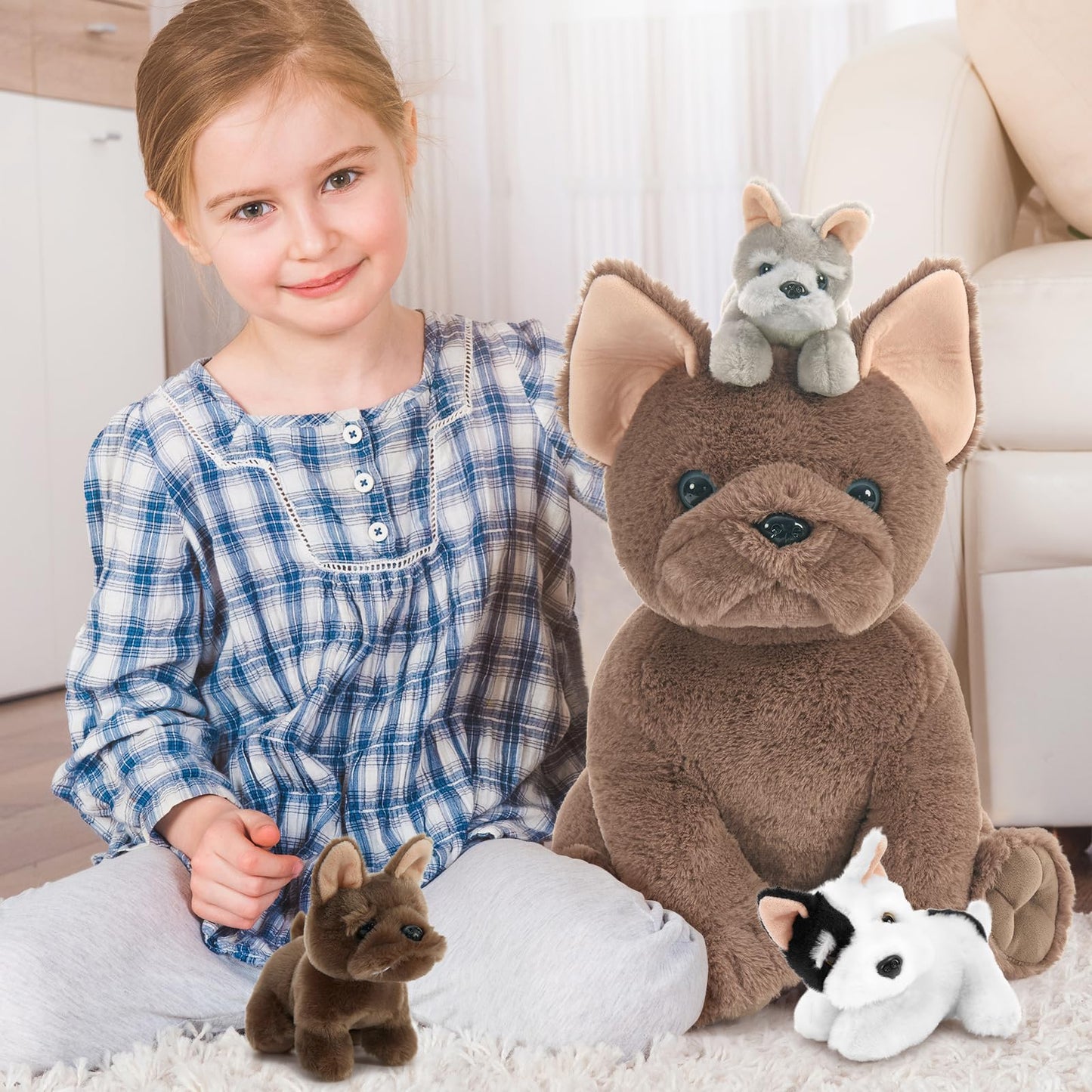 Tezituor French Bulldog Stuffed Animal with 3 Babies, 17.7" Plush Toy, Brown, Soft Polyester, Realistic Fluffy Design