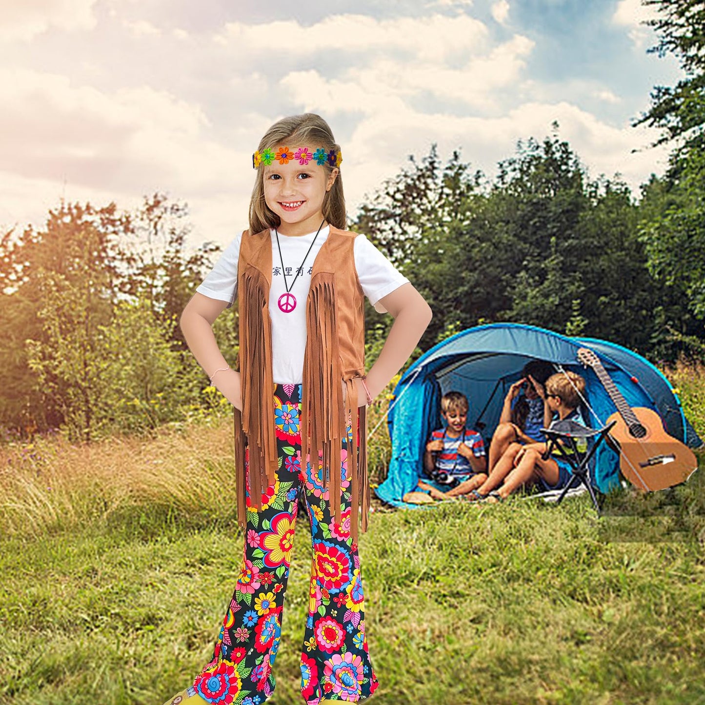 Xonyicos 8 Pcs Girls Kids 60S 70S Hippie Costume Disco Outfits Fringe Vest Boho Bell Bottoms Hippie Outfits Accessories Set (Flo