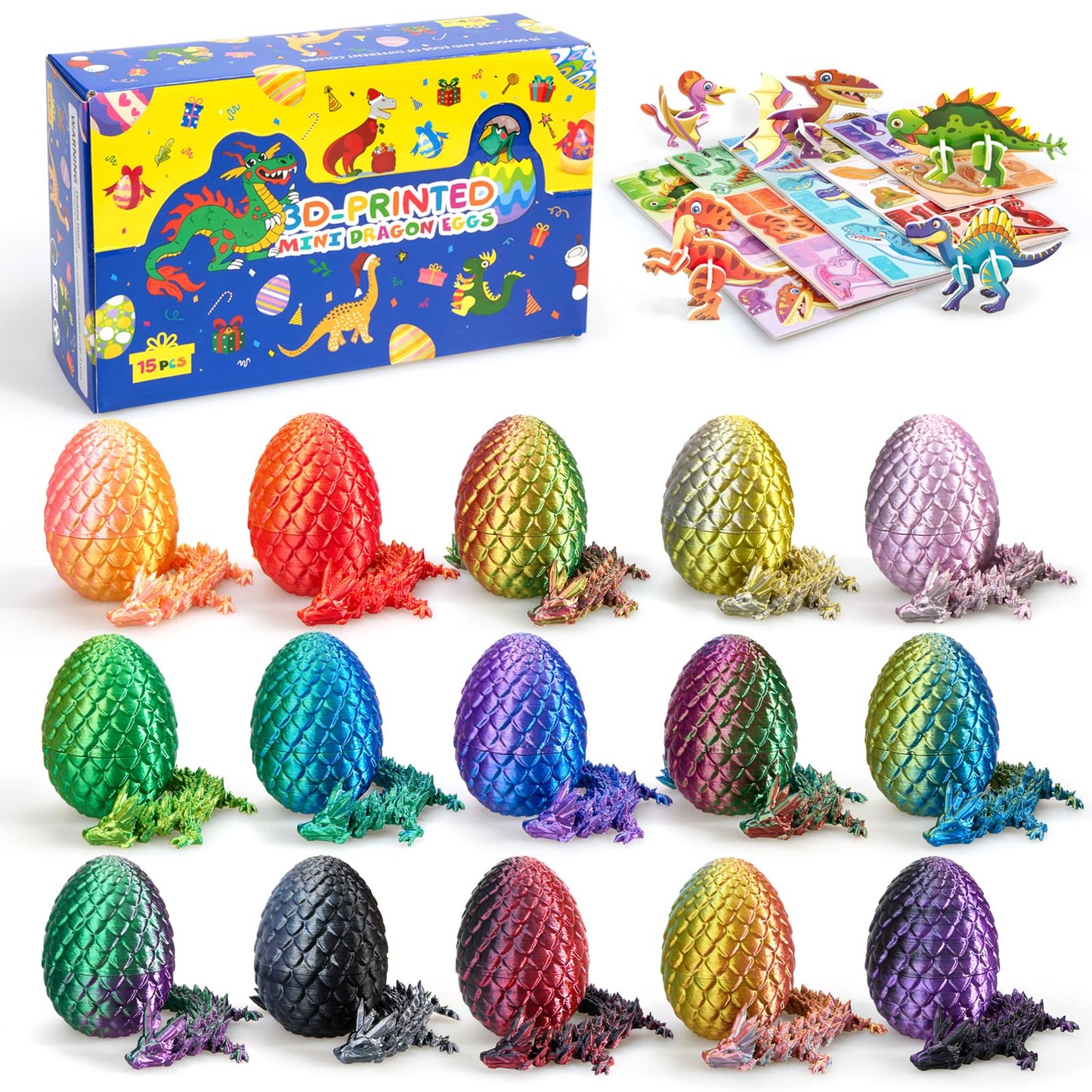Dak Haan 15PCS 3D Printed Dragon Egg 3D Dragon Eggs Set with Display Stand Mini Dragons Eggs Set Fidget Toy Cool Stuff Fun Gifts DIY Craft Kit Dino Eggs for 5-7 4-6 8-12 Year Old Boys Girls