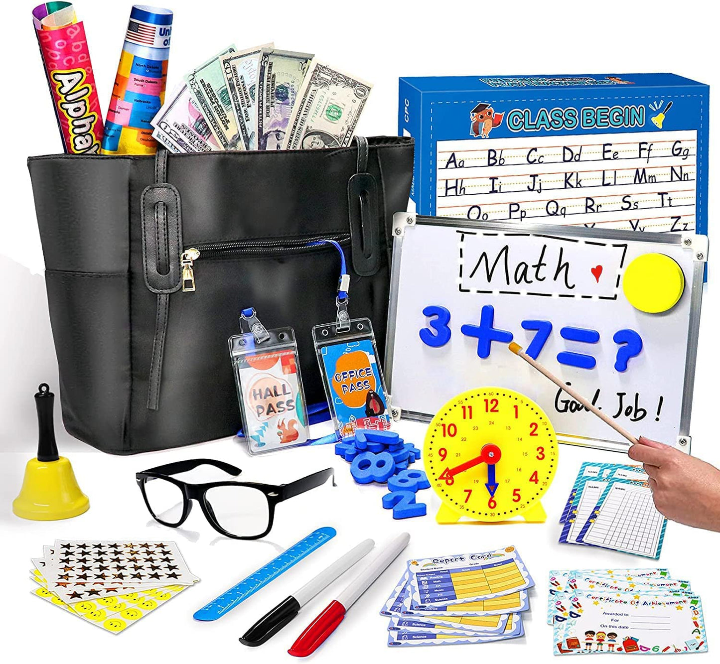 Alritz Pretend Play Teacher Set - Classroom Learning Education Gifts Includes Reusable White Board Bell Clock And More, Be Teacher Or Student, Toy Gift For Boys Girls 5 6 7 8 9 10 11 12 Years Old