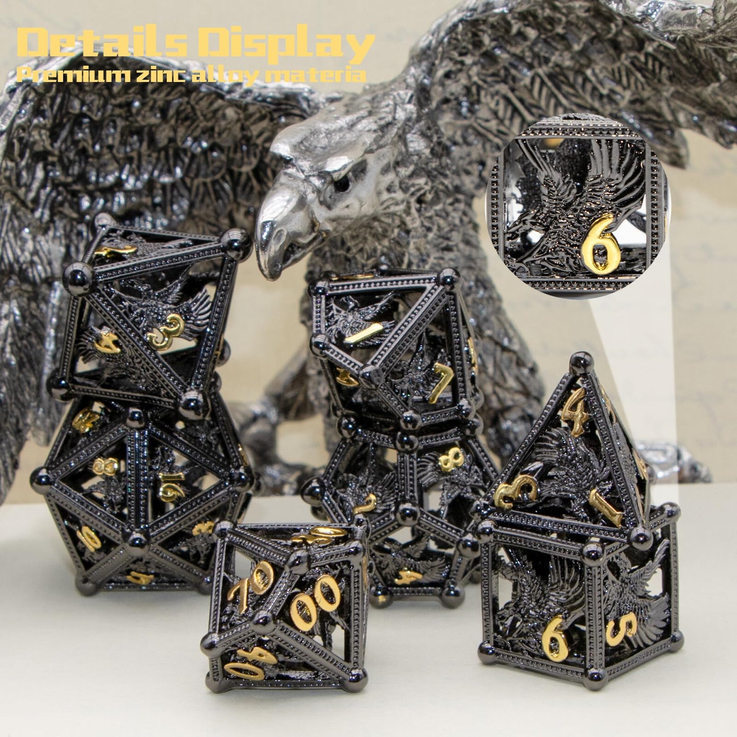 HNCCESG DND Dice Eagle Design of 7Piece Dice,Metal Dice DND for Dungeons and Dragons,D&D Dice for RPG Role Playing(Black)