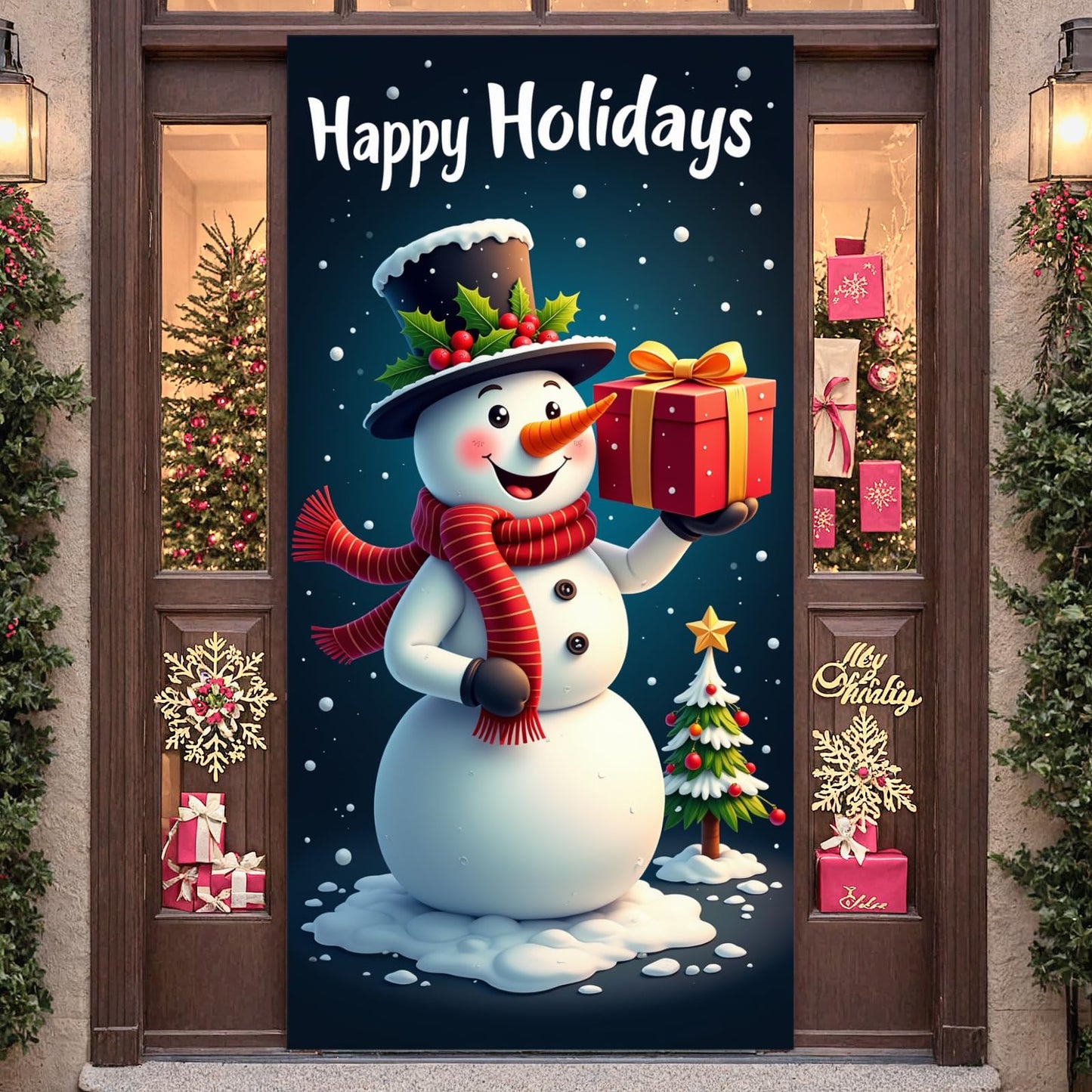 Large Christmas Snowman Door Cover Happy Holidays Door Banner Outdoor Decoration Winter Backdrop for Xmas Home Party Decor Banne