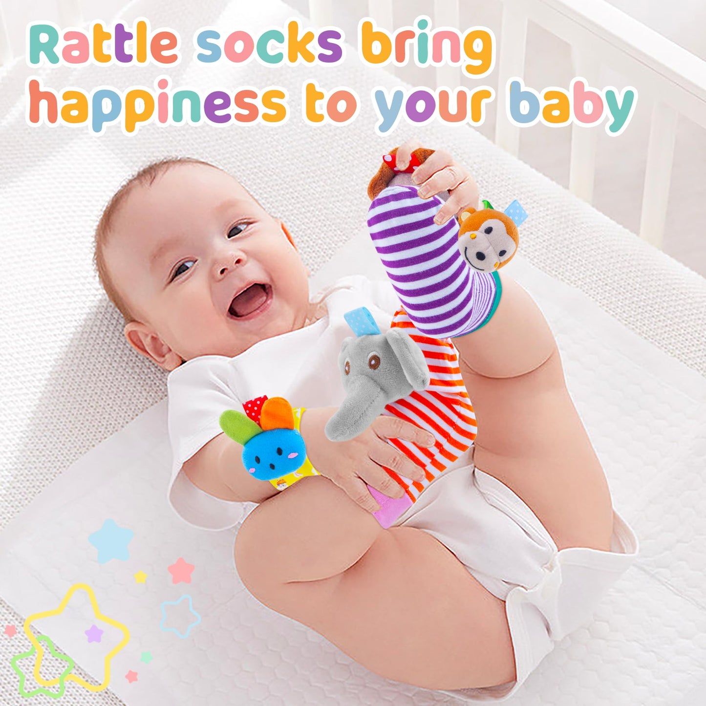 Yeeeasy Baby Rattle Cotton Socks And Wrist Rattle Strap Set, Infant Toys 0 3 6 9 12 Months, Baby Gifts For Boys And Girls, Devel