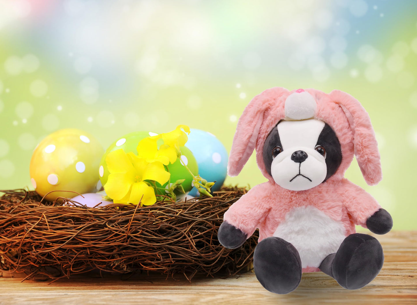Yonlit Adorable Frenchie Stuffed Animal Dressed In A Pink Bunny Outfit, Super Cute And Soft Plush Bulldog Puppy Bunny For Easter