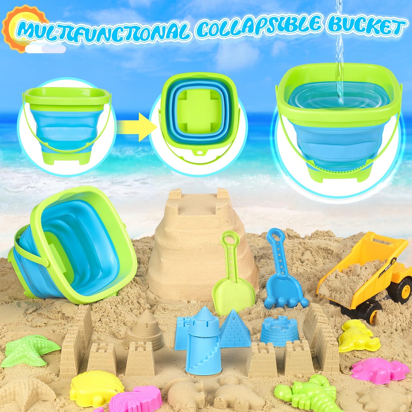 FHOZGECY Beach Toys, 19Pcs Sand Toys, Sandbox Toys with Dump Truck, Collapsible Sand Bucket, Sand Castle Toys, Animal Dinosaur M