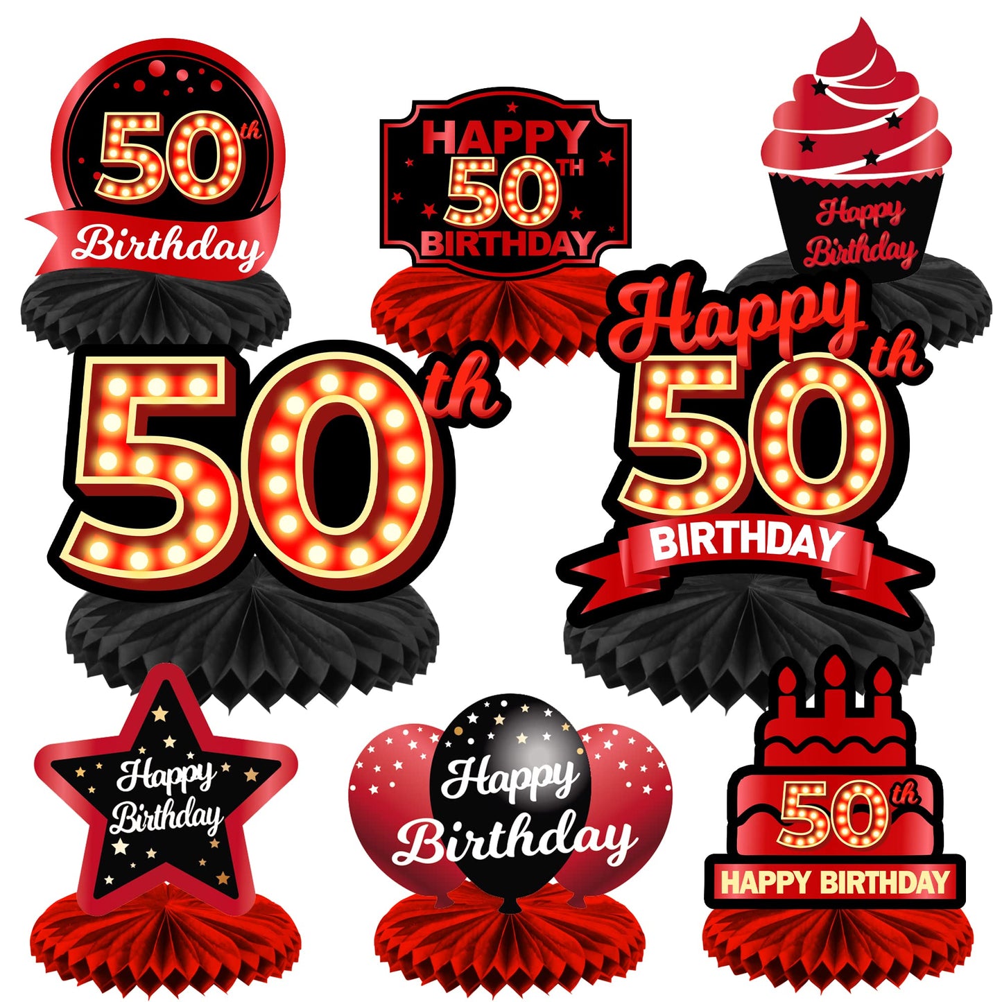 Happy 50Th Birthday Red And Black Table Honeycomb Centerpieces Balloons Theme Decor Table Decorations Table Toppers For Girls Women Princess 50 Years Old Birthday Party Bday Supplies Background Gold