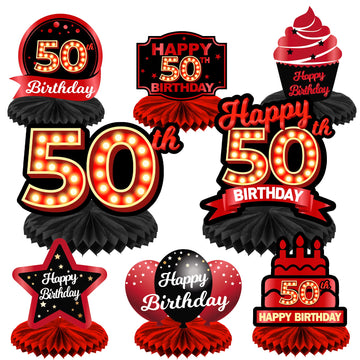 Happy 50Th Birthday Red And Black Table Honeycomb Centerpieces Balloons Theme Decor Table Decorations Table Toppers For Girls Women Princess 50 Years Old Birthday Party Bday Supplies Background Gold