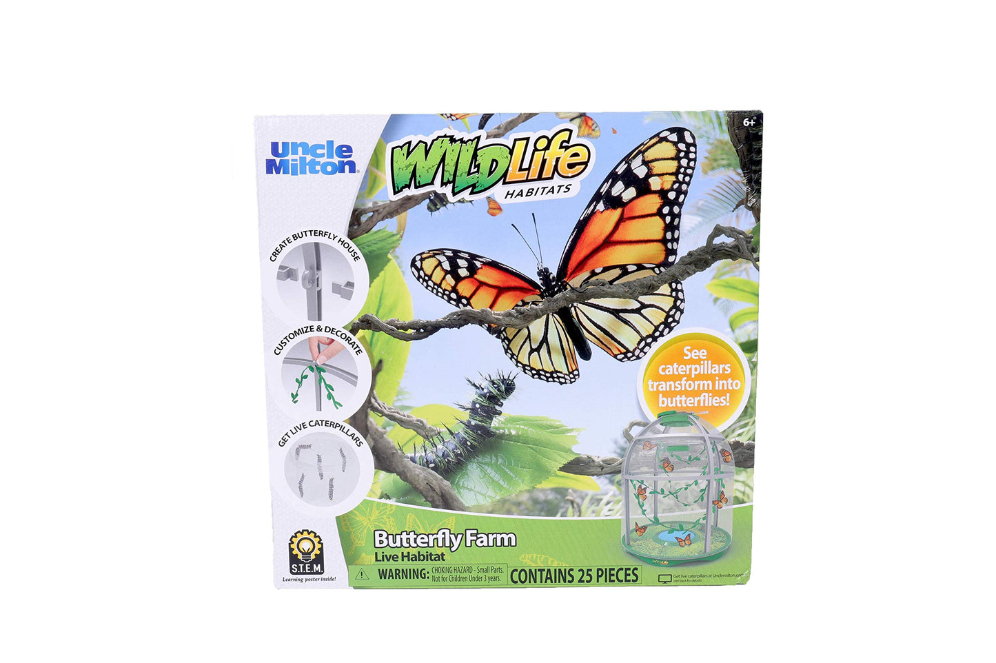 Uncle Milton Butterfly Farm Live Habitat - STEM Toy for Kids 6+ - Green - Observe Caterpillars Transform into Butterflies - Model 00057