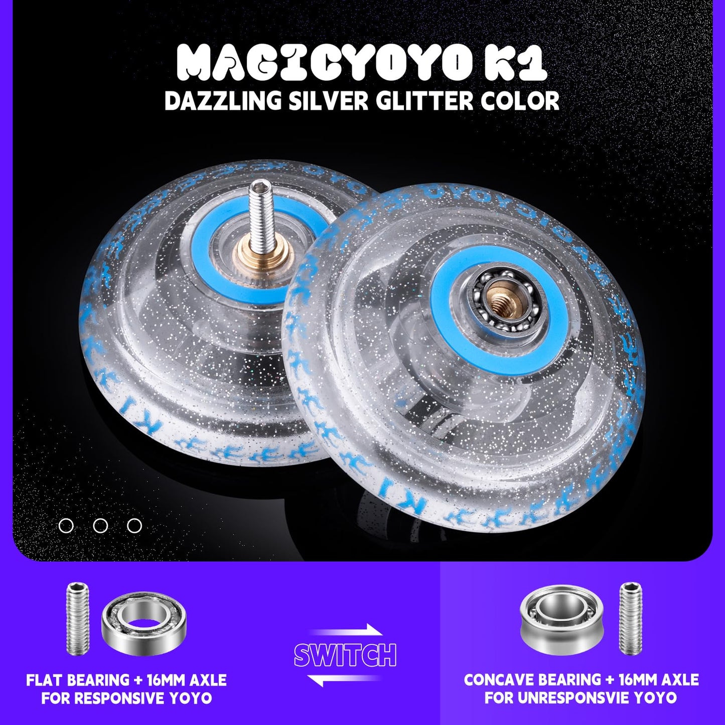 Magicyoyo K1 Silver Glitter Clear Responsive Yoyo For Kids And Adults, Trick Yoyo K1 With Dual Purpose Mode, Professional Unresponsive Yoyo Bearing For Intermediate Play + 12 Yoyo Strings + Yo Yo Case