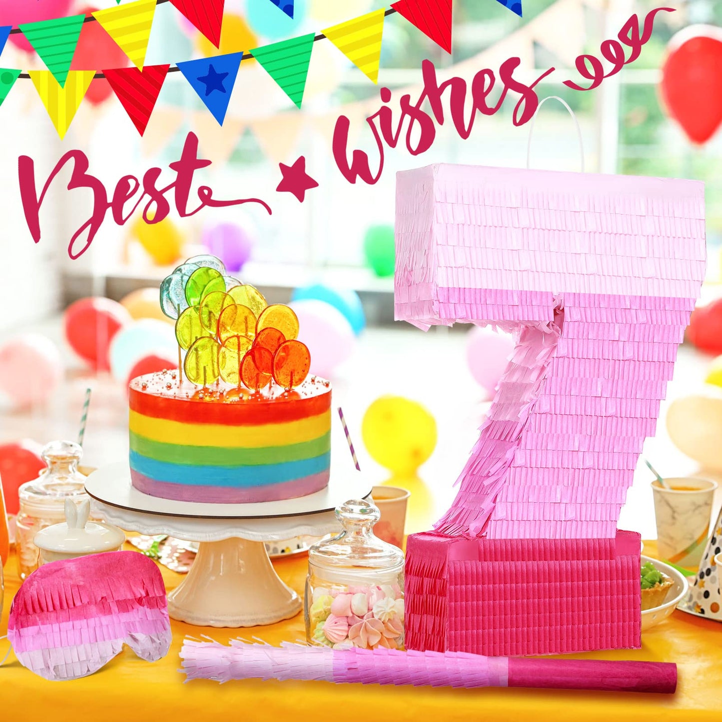 Sratte Number Piñata Pink Piñata Birthday Decorations Gradient With Stick Blindfold Confetti For Girls Boys Birthday Anniversary Party Decorations Supplies(Number 7)