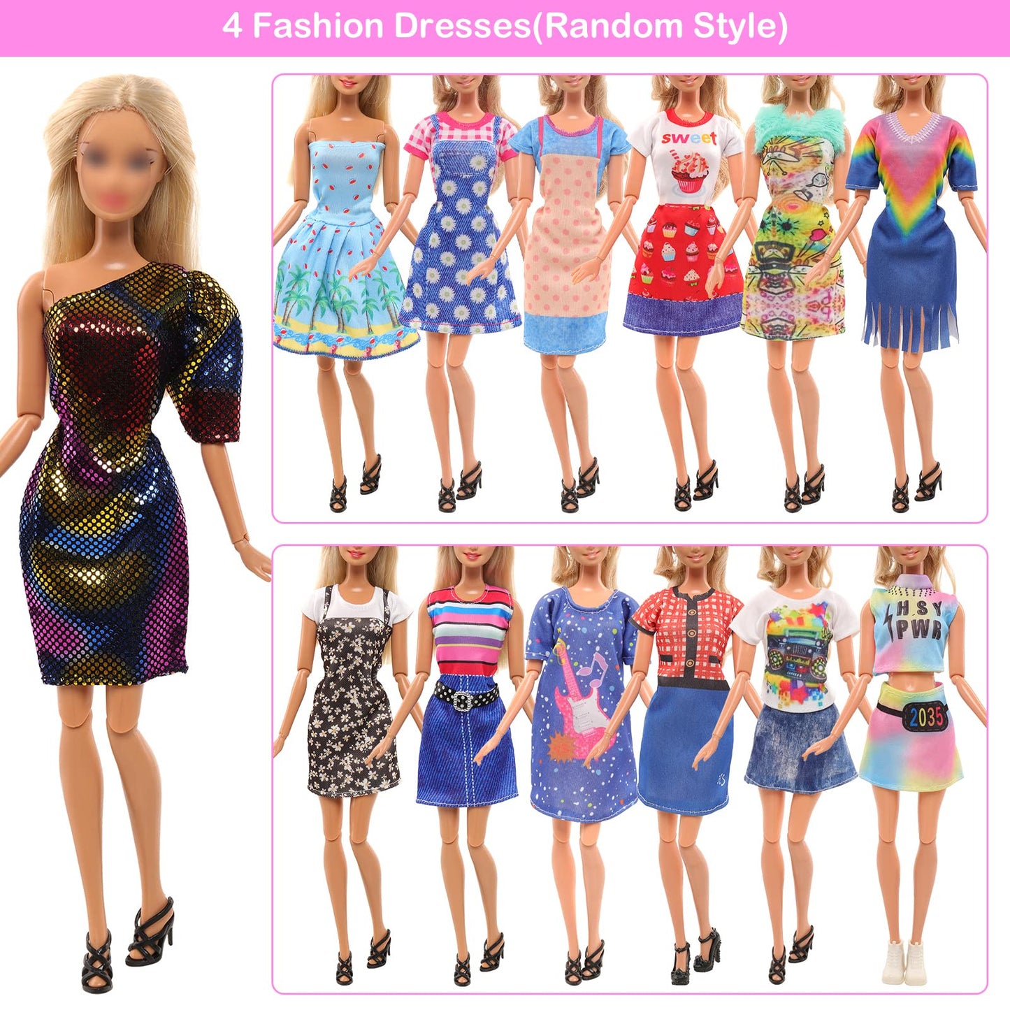 Barwa 18 Pack Doll Clothes And Accessories Including 4 Fashion Dresses 4 Sets Casual Outfits Tops And Trousers, Shorts 10 Bag Crown Necklace For 11.5 Inch Girl Dolls…