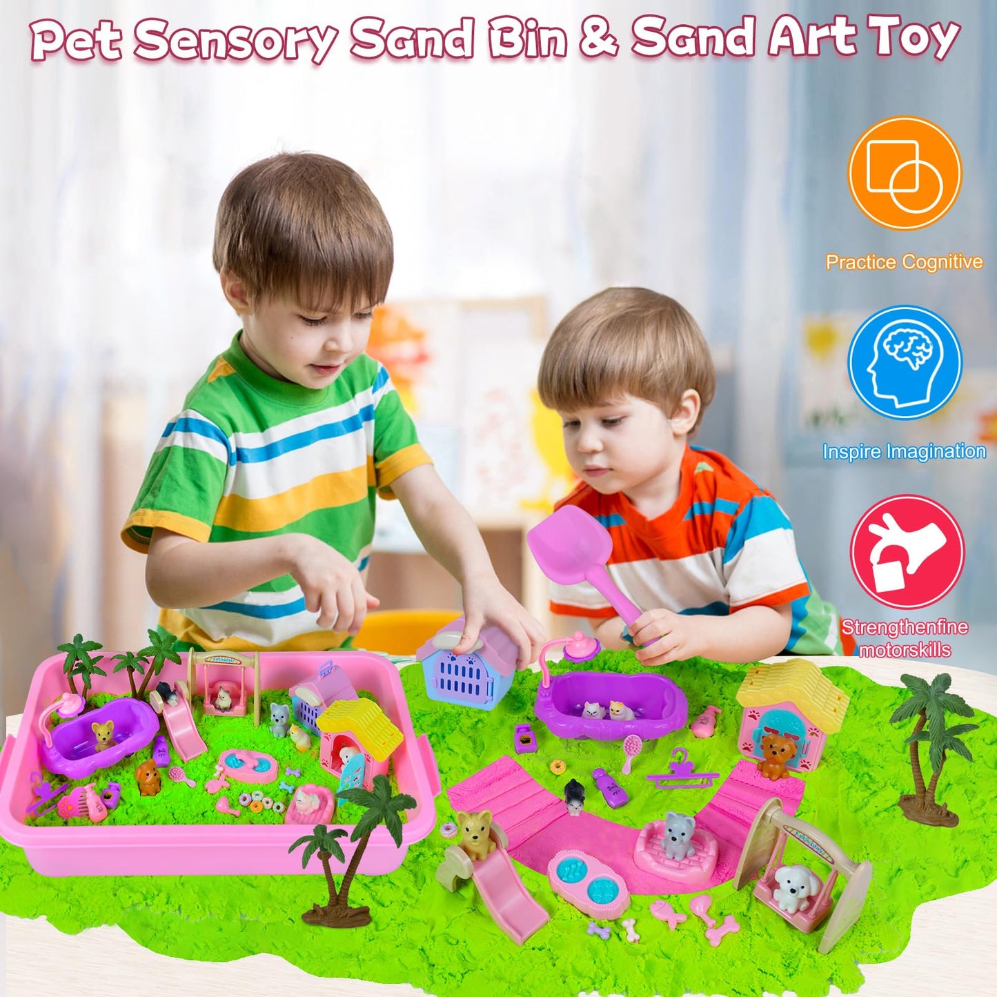 Pet Sensory Bin, Cat and Dog Sensory Bin for Toddlers Kids, Sensory Play Sand Art Kit Set with Sandbox & Tools & Pet Care Set, I