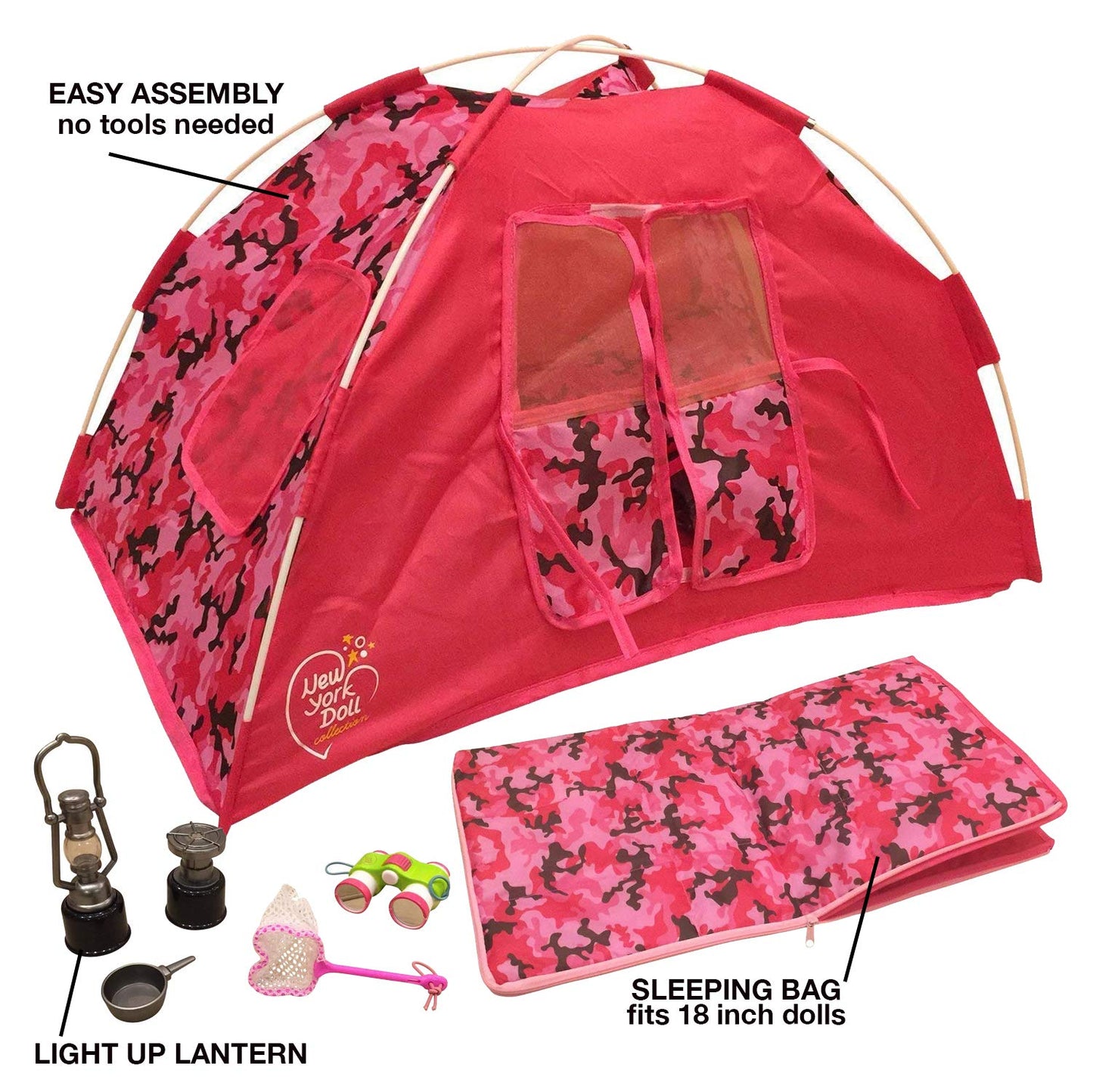 The New York Doll Collection Camping Set For 18 Inch Dolls - Super Cute Doll Camping Set - Light Up Lantern - Safety Tested